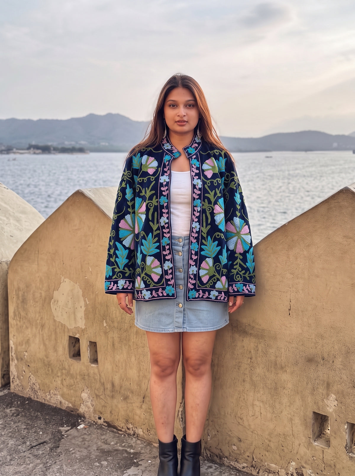 Navy Botanical Embroidered Velvet Suzani Jacket