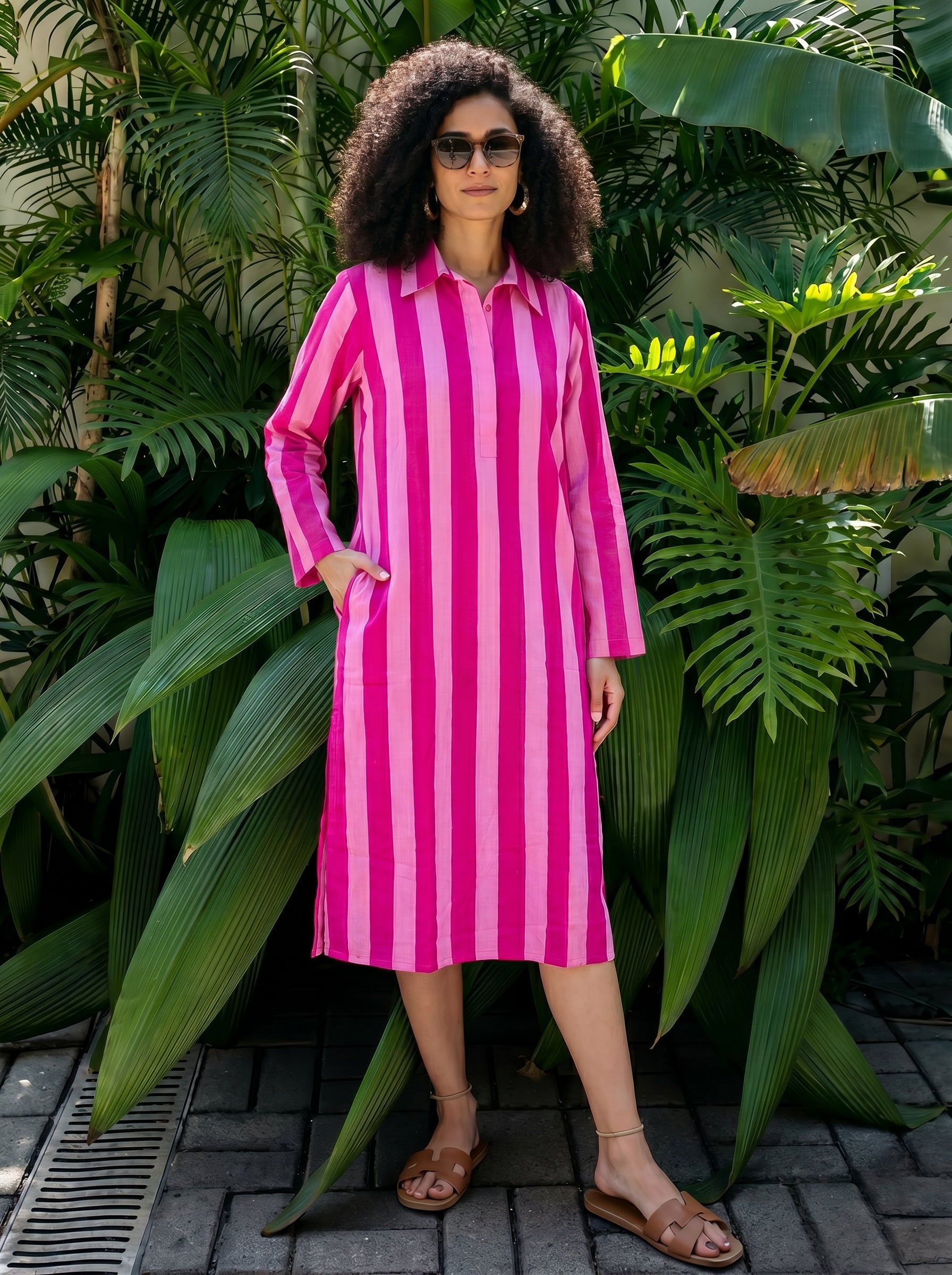 Candy Pink Striped Cotton Shirt Dress