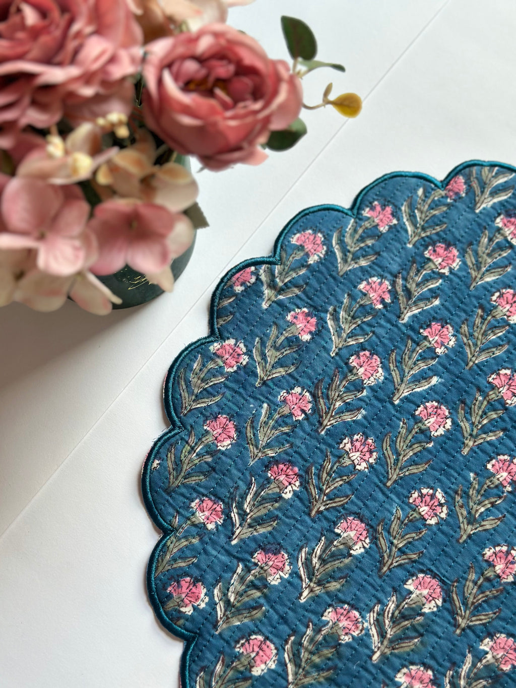 Teal Sweetheart Carnation Quilted Placemat Set of 6