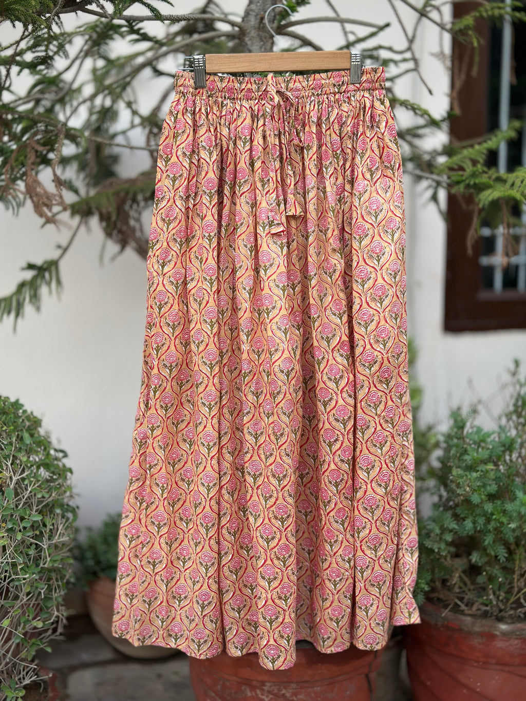 Mustard & Pink Floral Block Print Skirt