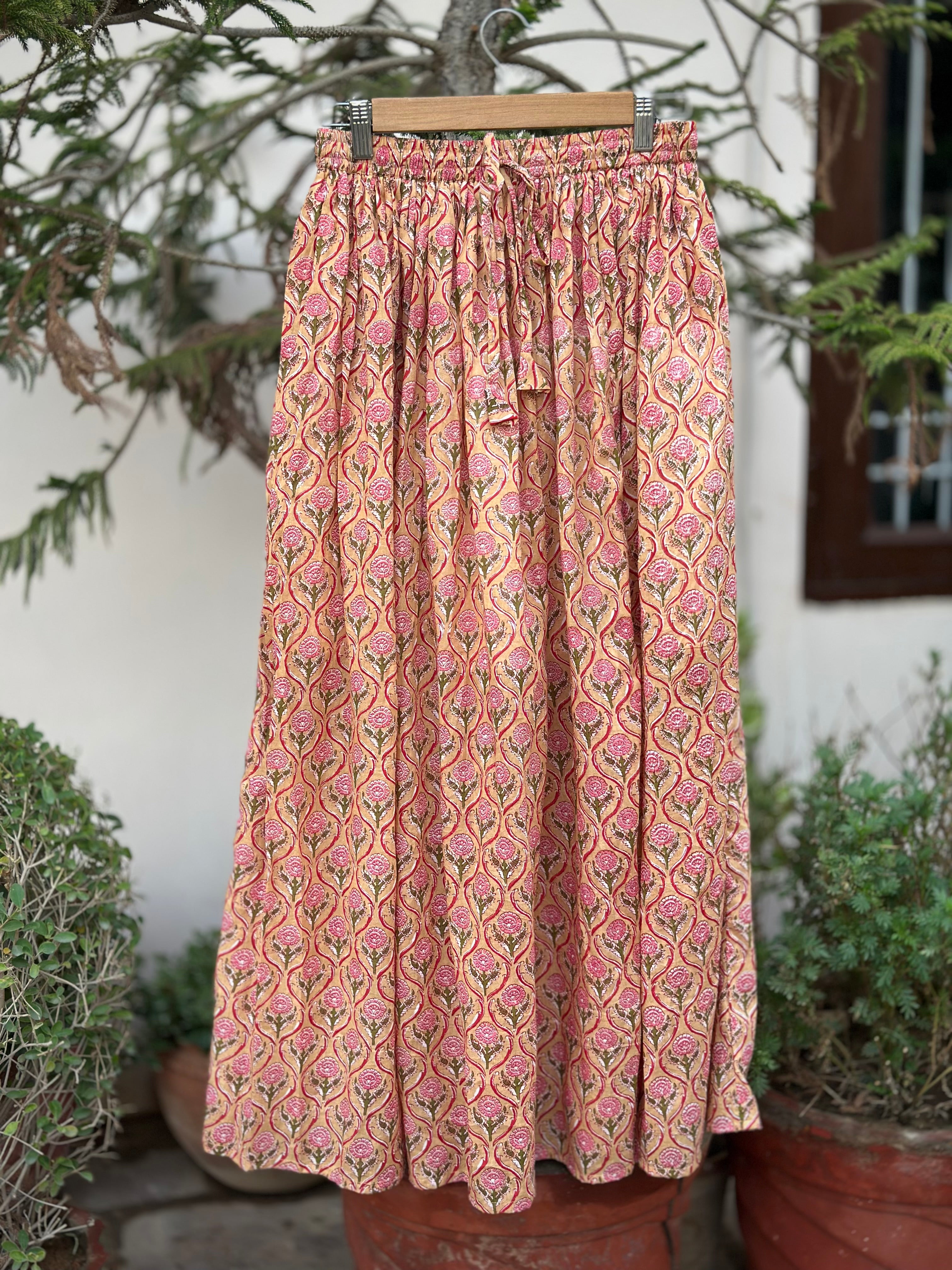 Mustard & Pink Floral Block Print Skirt