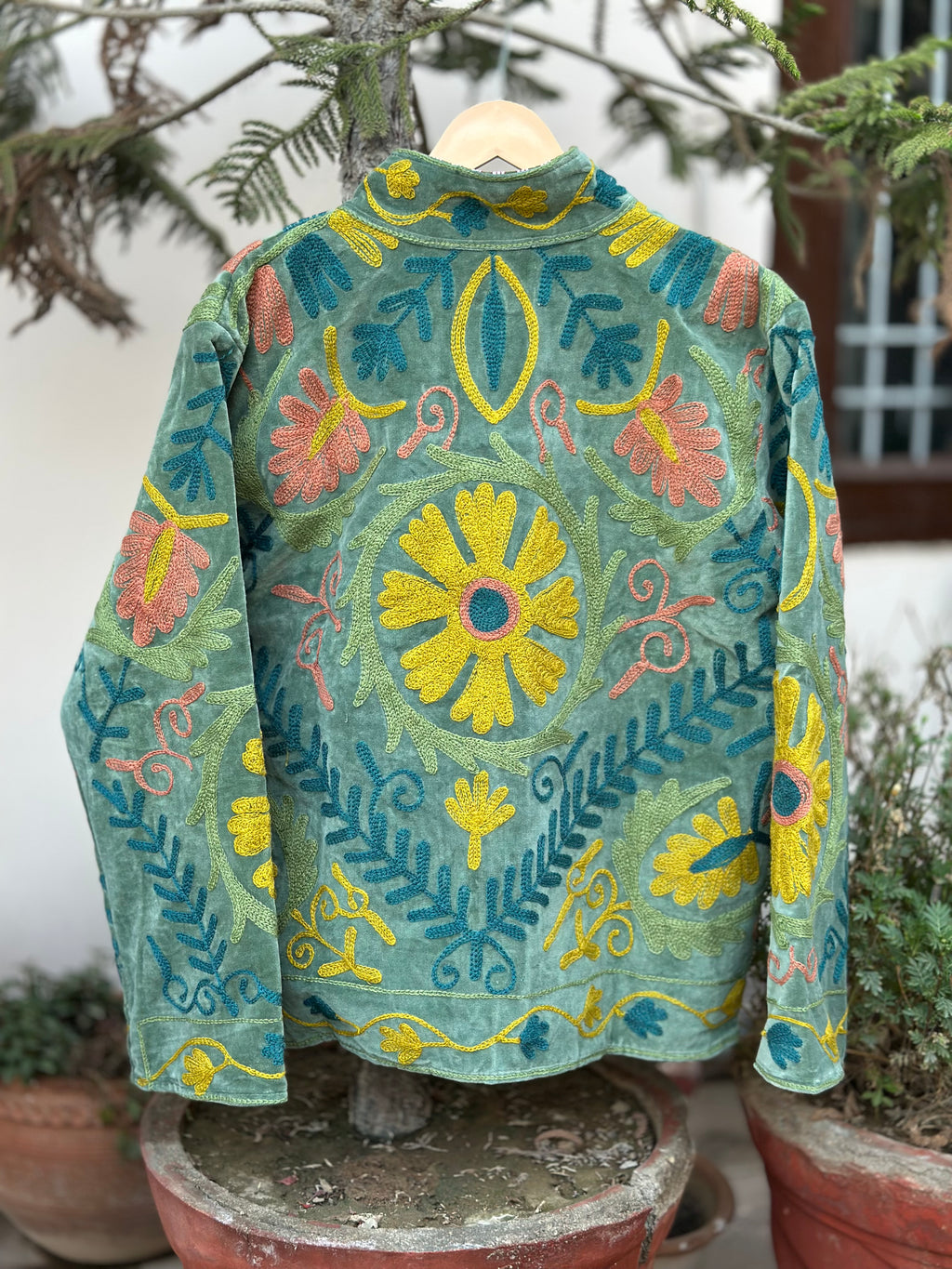 Sage Green Floral Embroidered Velvet Jacket