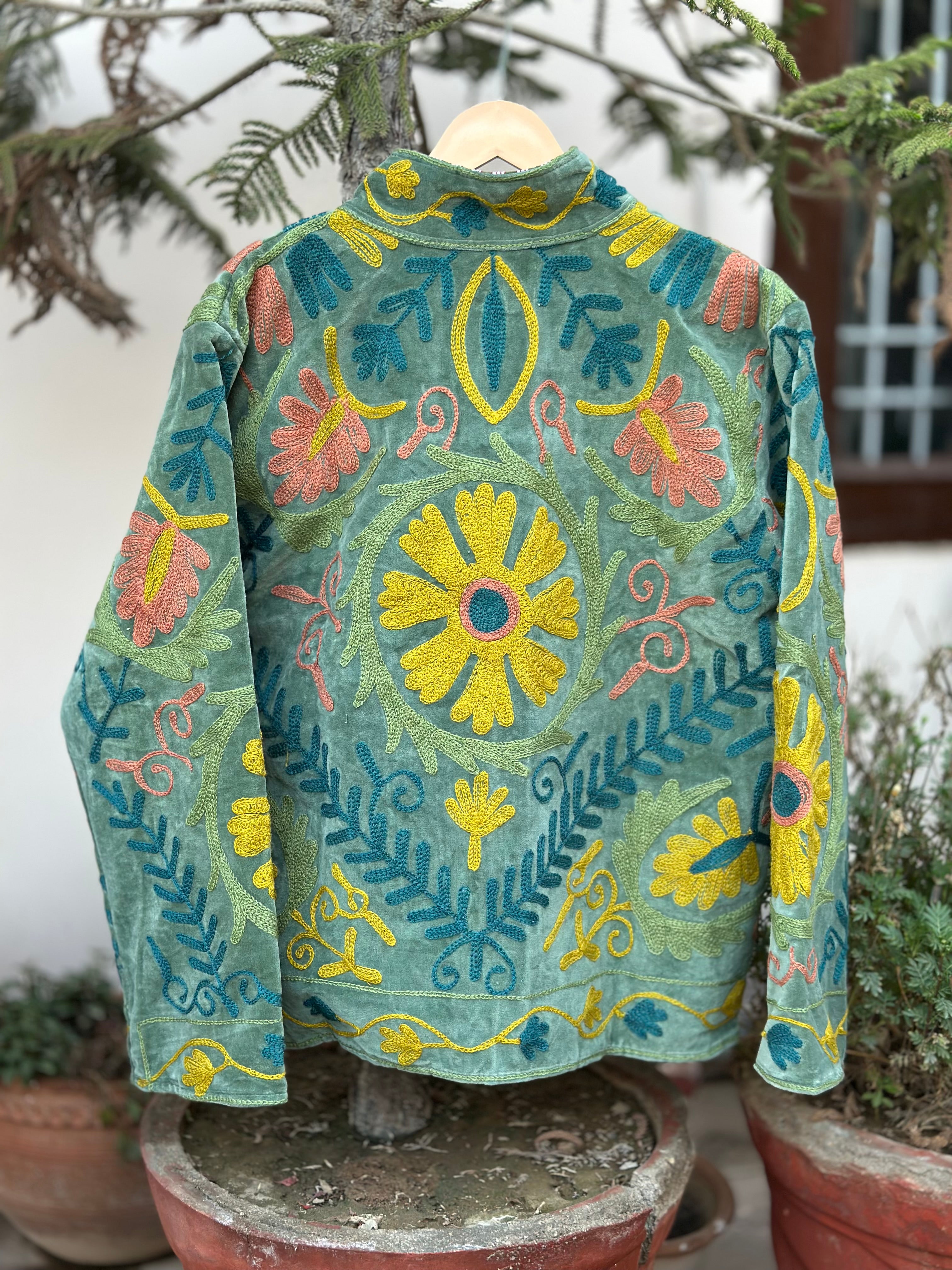 Sage Green Floral Embroidered Velvet Jacket