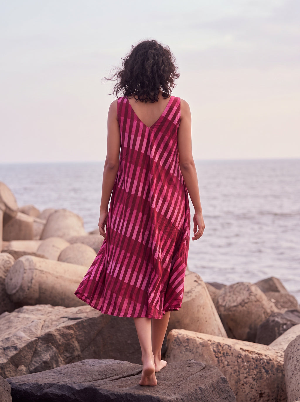 Berry Stripe Flare Midi Dress