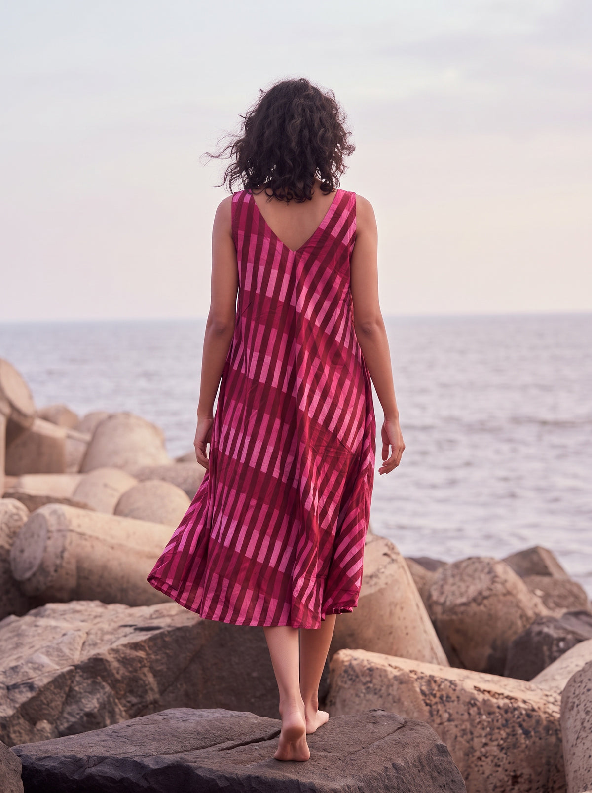 Berry Stripe Flare Midi Dress