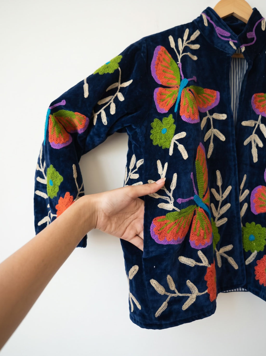 Midnight Butterfly Suzani Embroidered Velvet Jacket