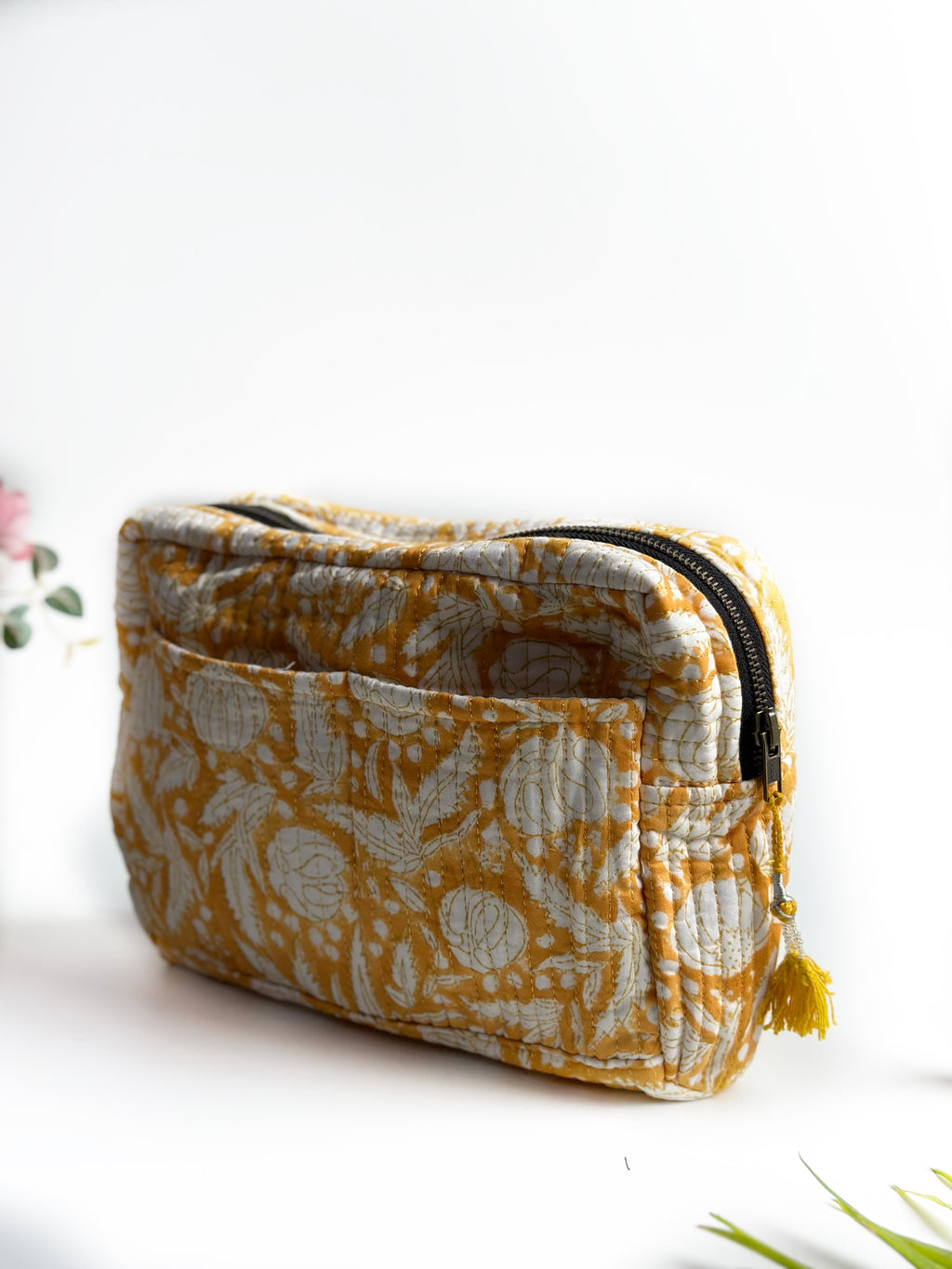 Mustard Floral Quilted Cosmetic Pouch