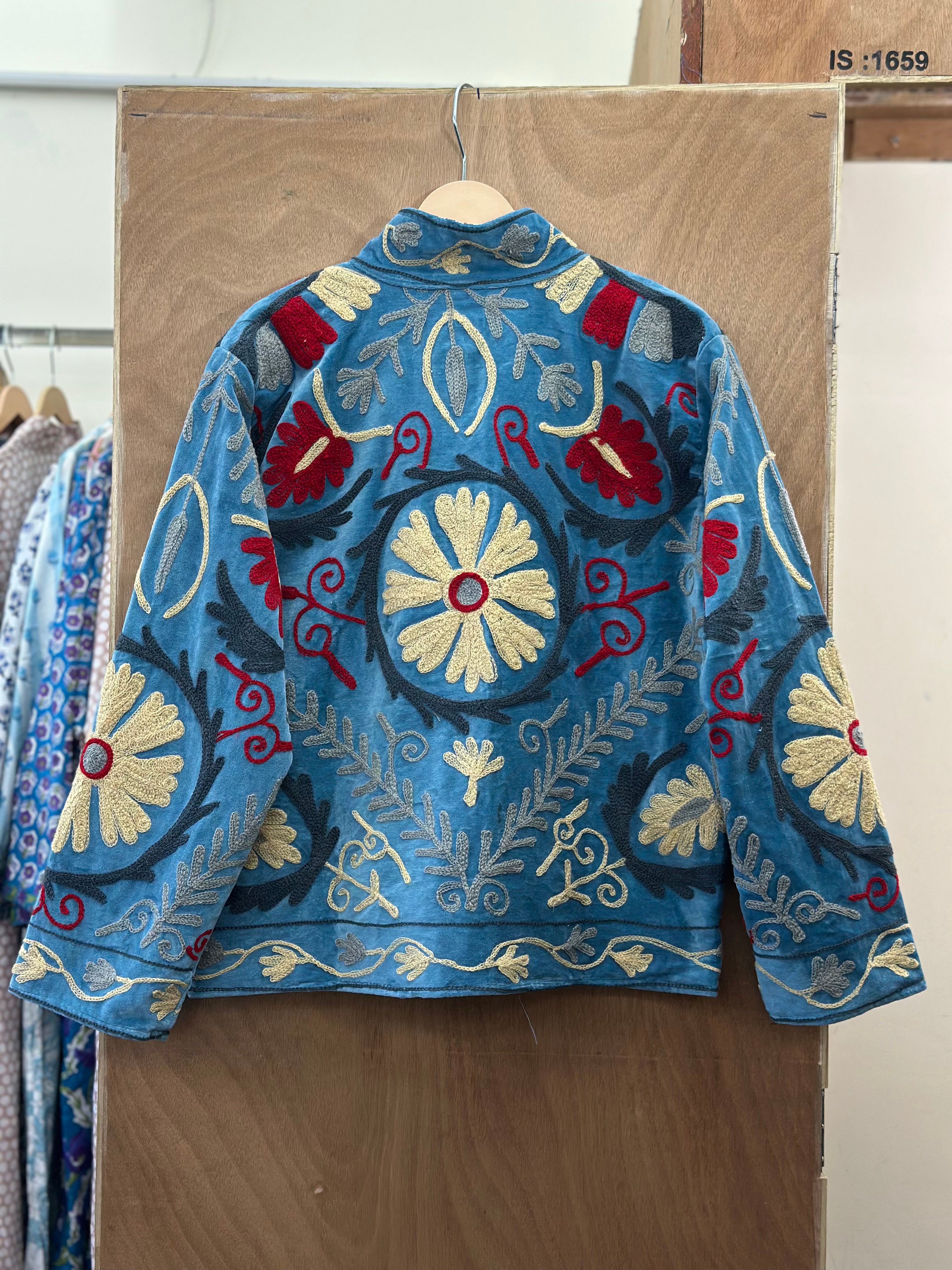 Blue Suzani Embroidered Velvet Jacket
