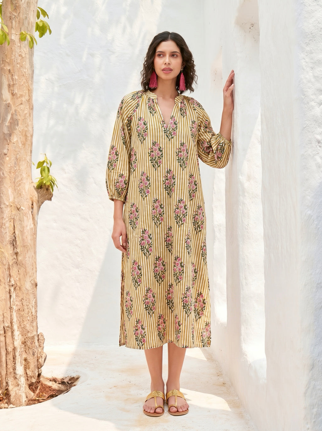 Mustard Blossom Stripe Cotton Dress