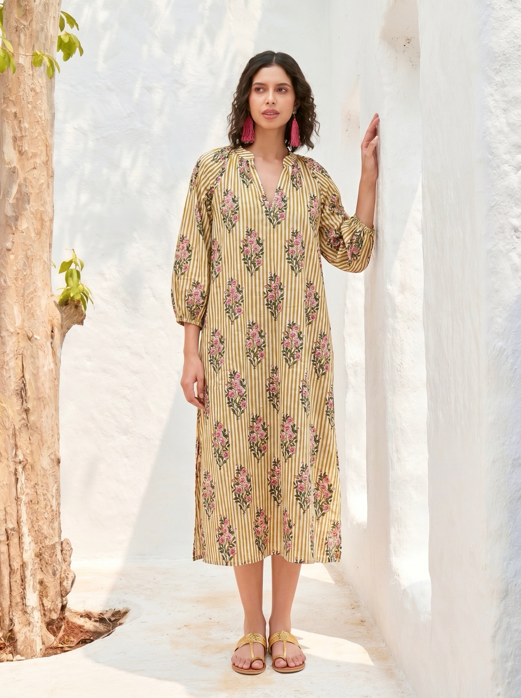 Mustard Blossom Stripe Cotton Dress