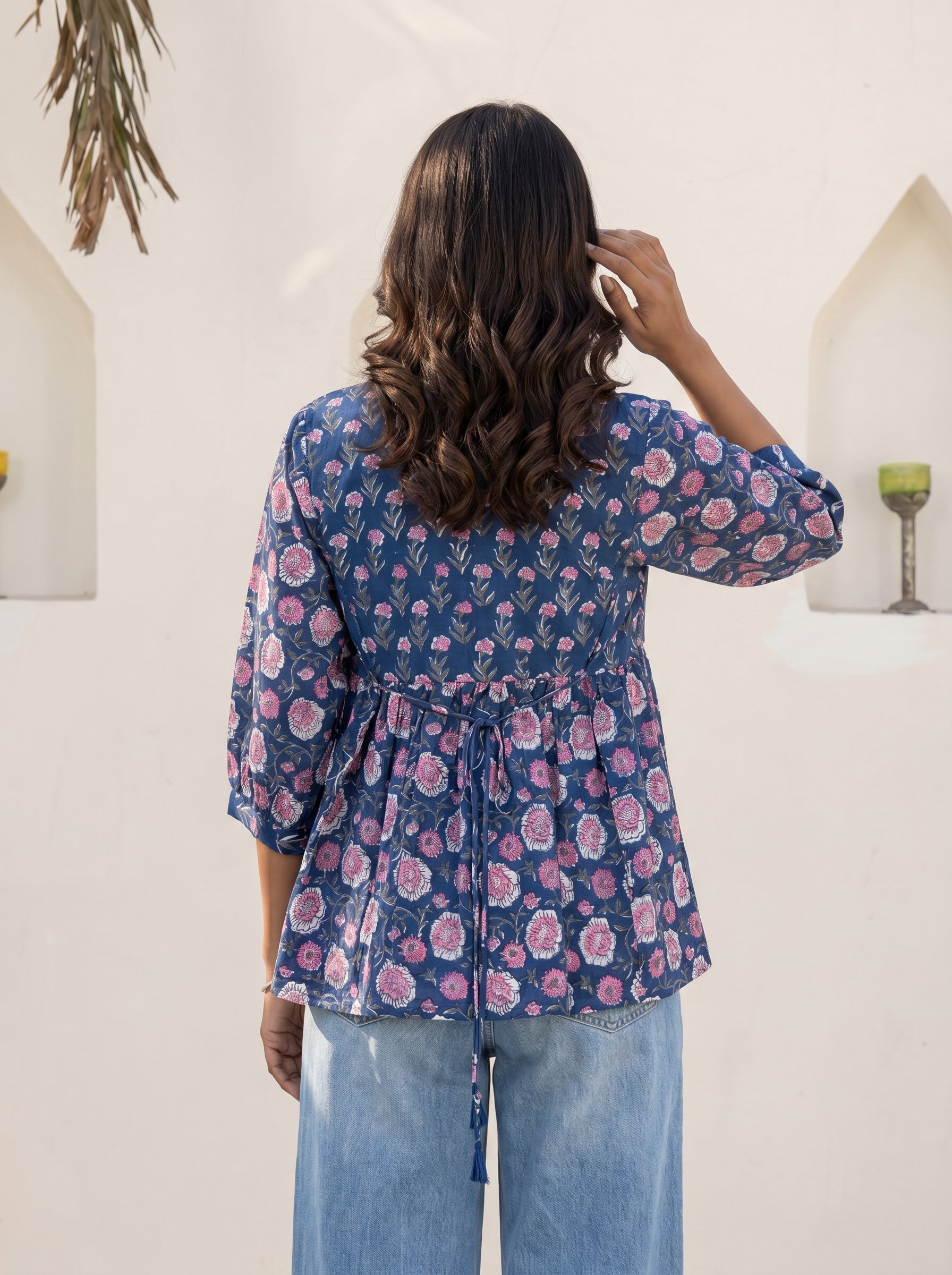 Navy Pink Floral Peplum Top