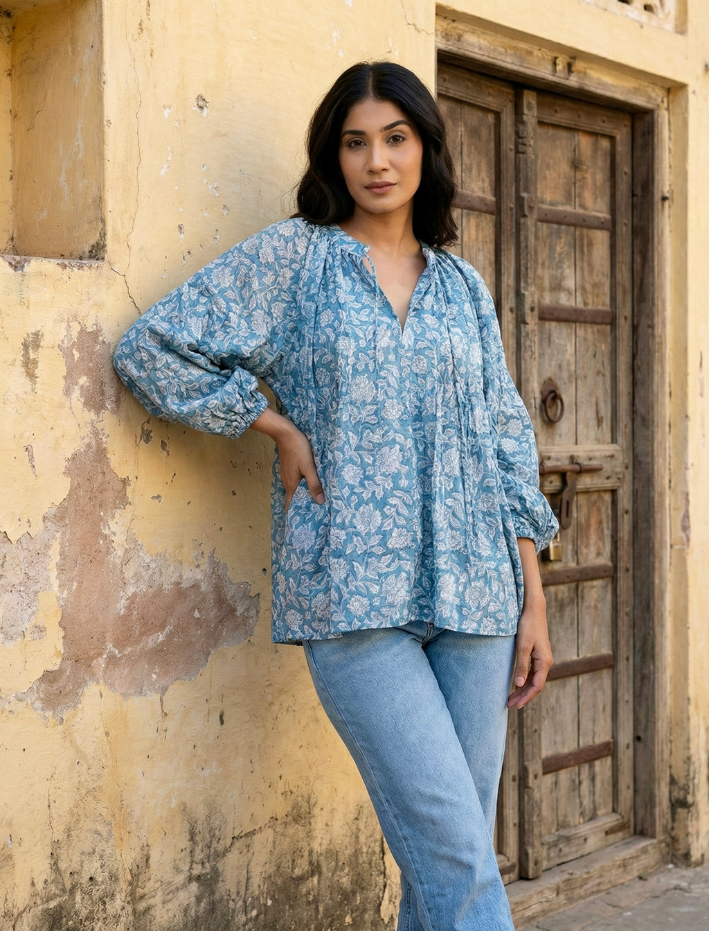 Blue Floral Printed Cotton V-Neck Top with Balloon Sleeves