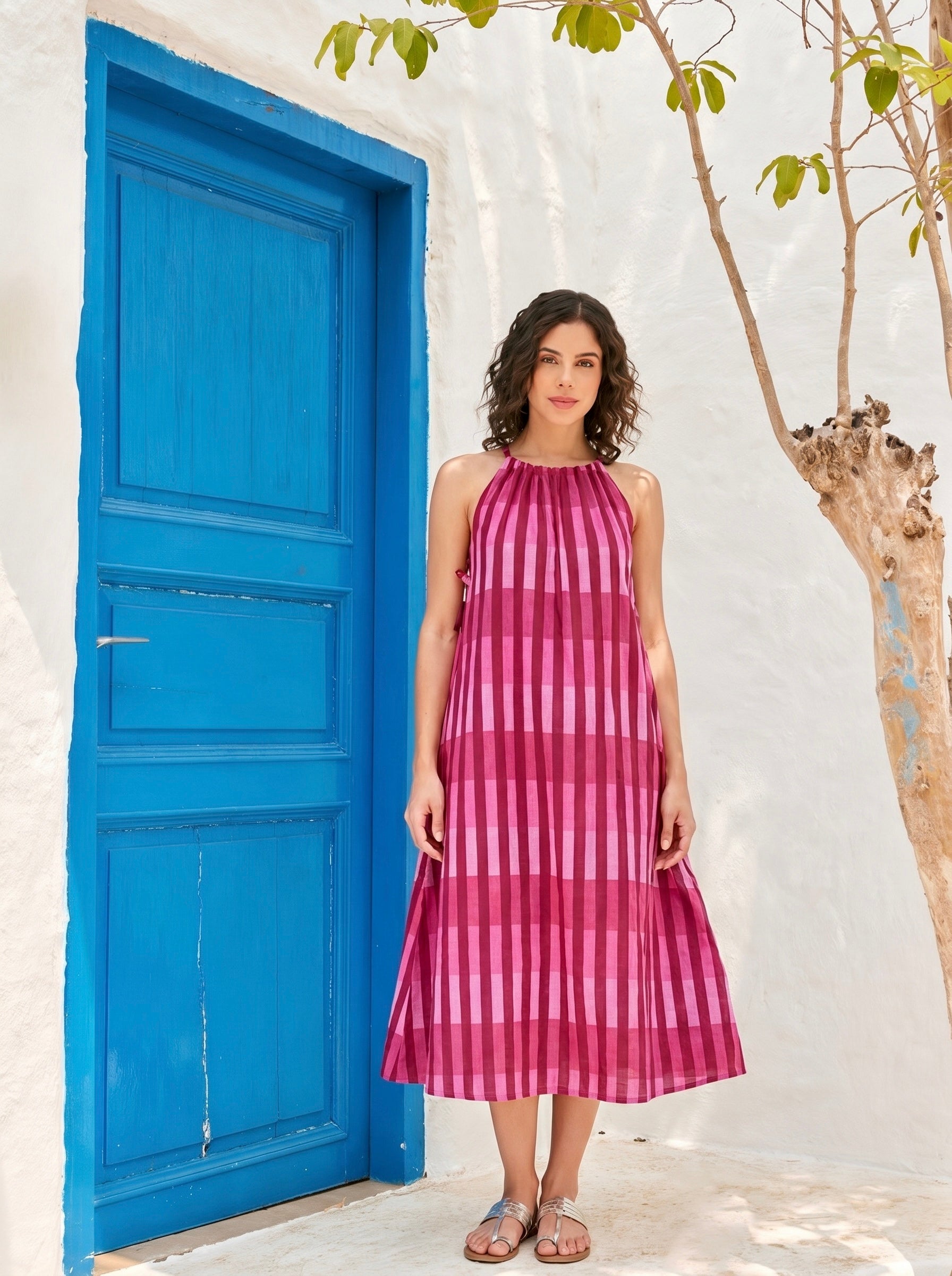Rosabelle Checked Cotton Halter Maxi Dress