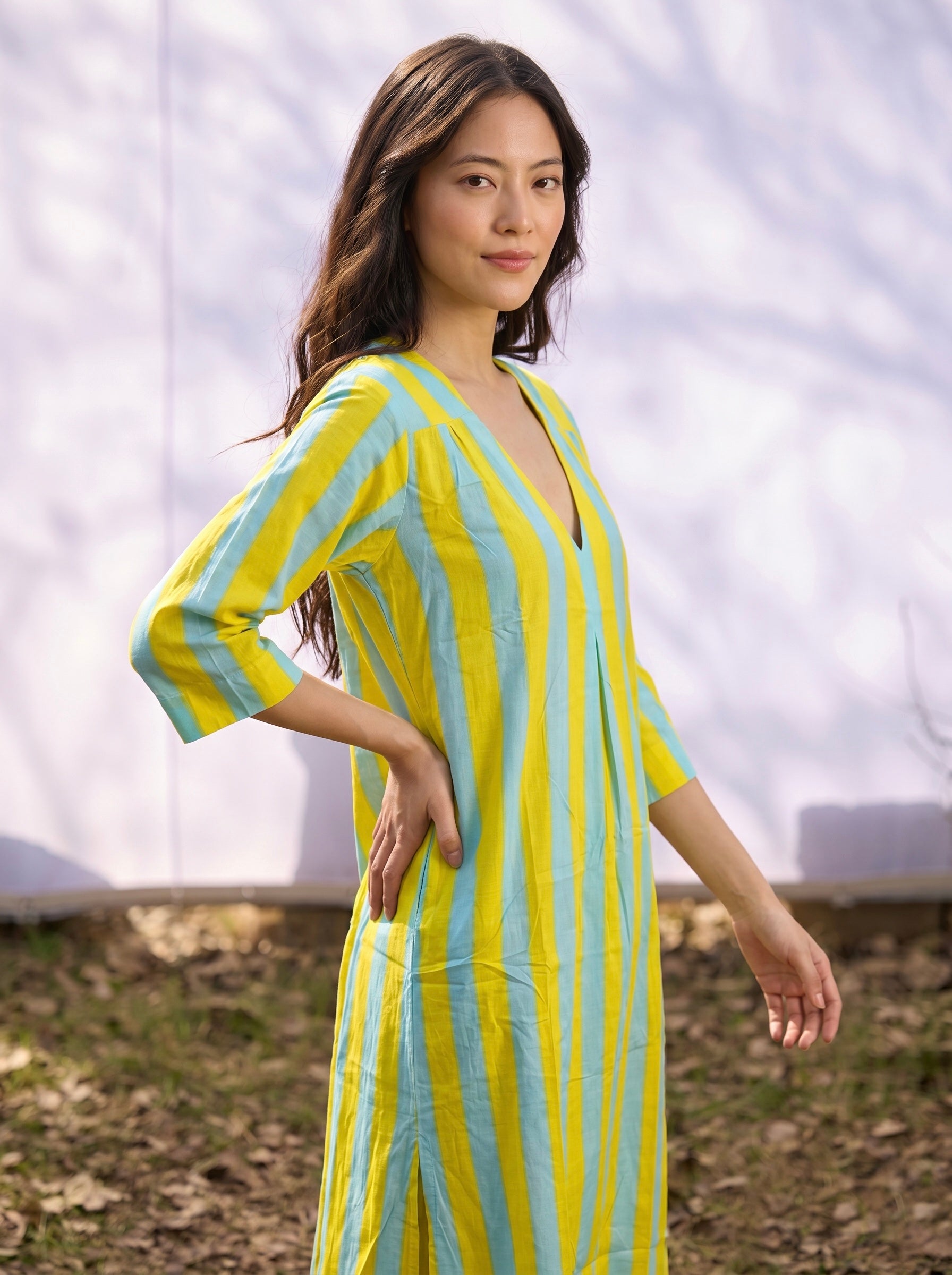 Yellow & Sky Blue Stripe Cotton Dress