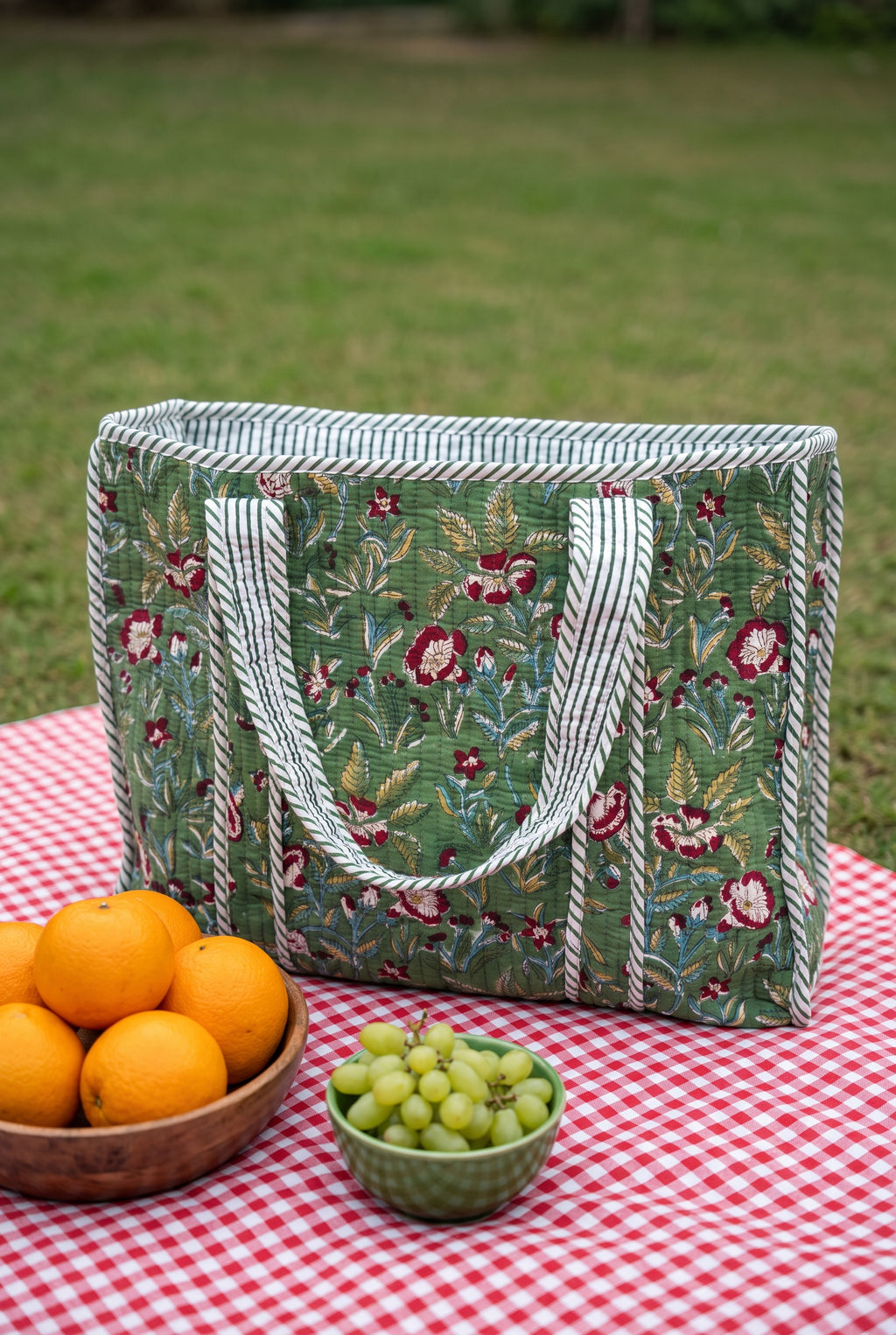 Green Botanical Quilted Tote Bag