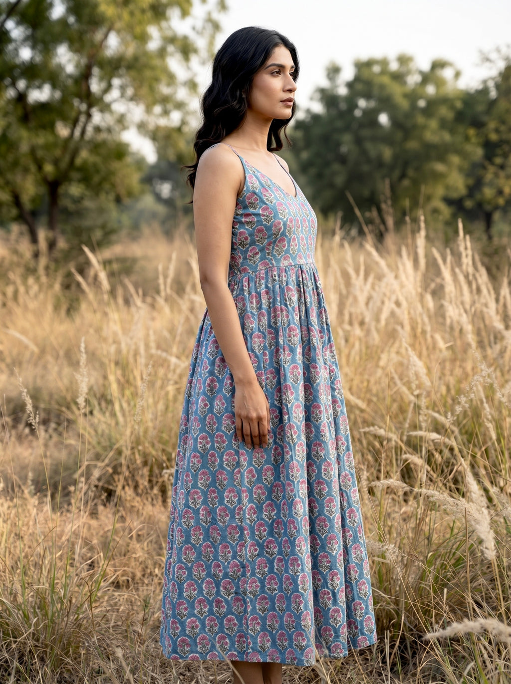Sky Bloom Cotton Maxi Dress