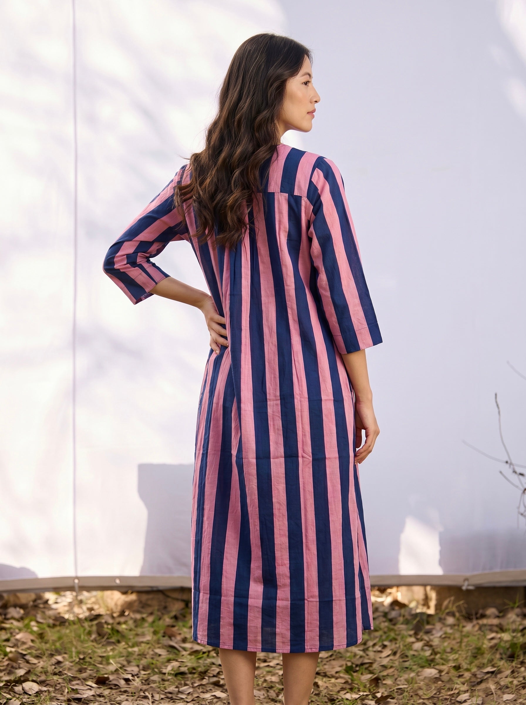 Pink & Navy Stripe Cotton kurta Dress