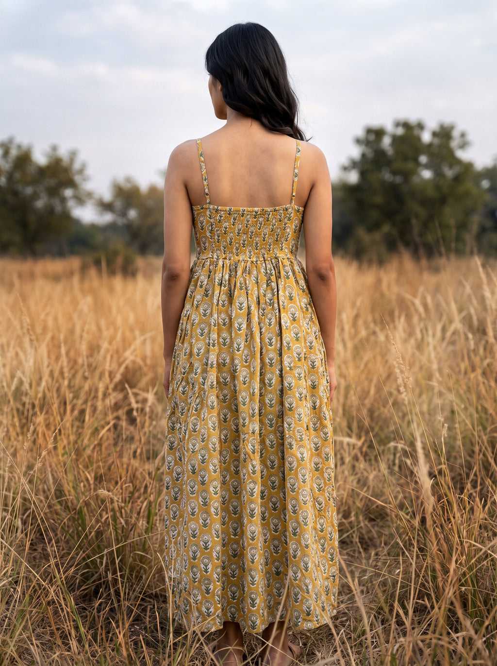 Mustard Floral Cotton Maxi Dress