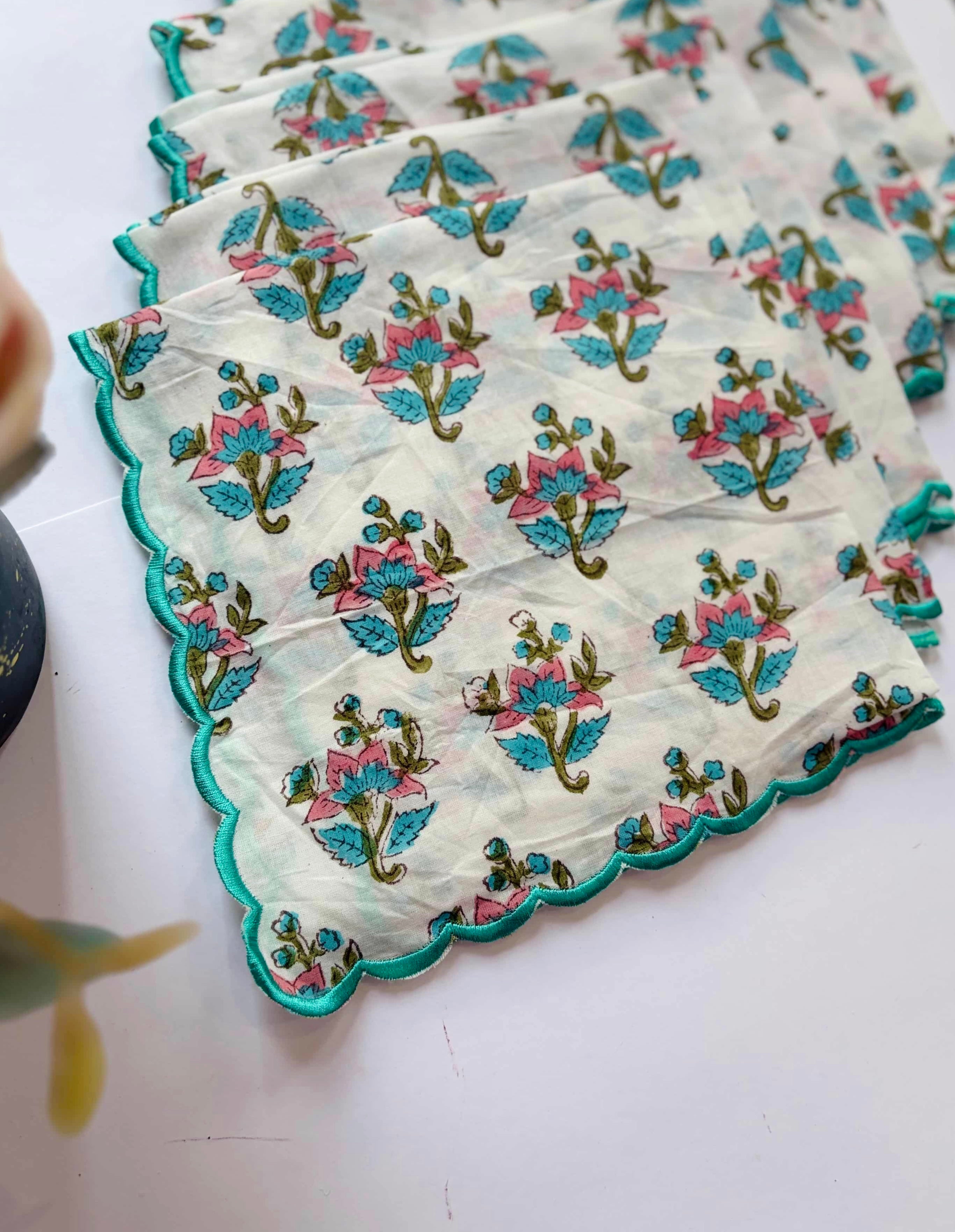 Ivory Bloom Block Print Cotton Napkins