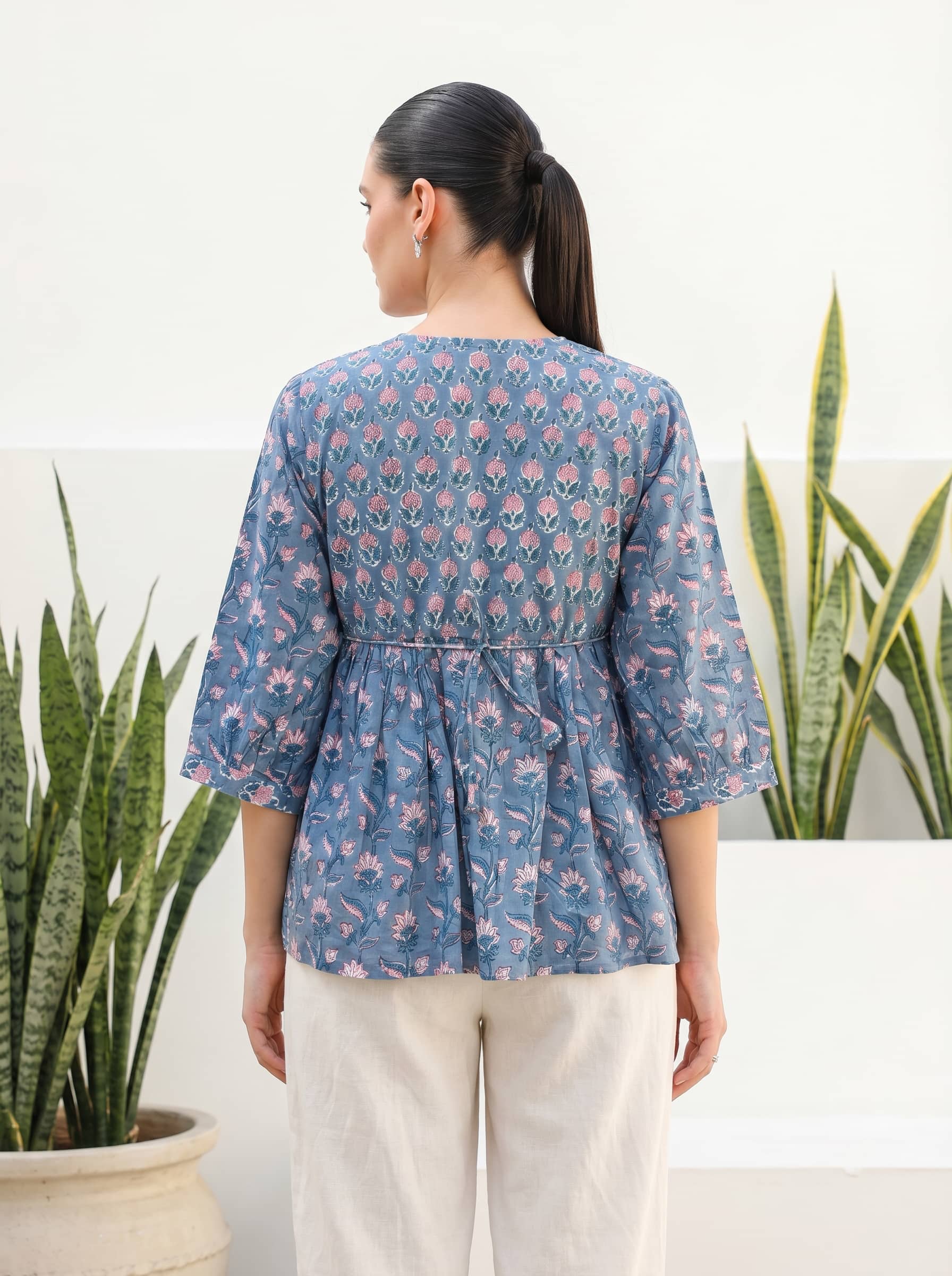Steel Blue Floral Peplum Top