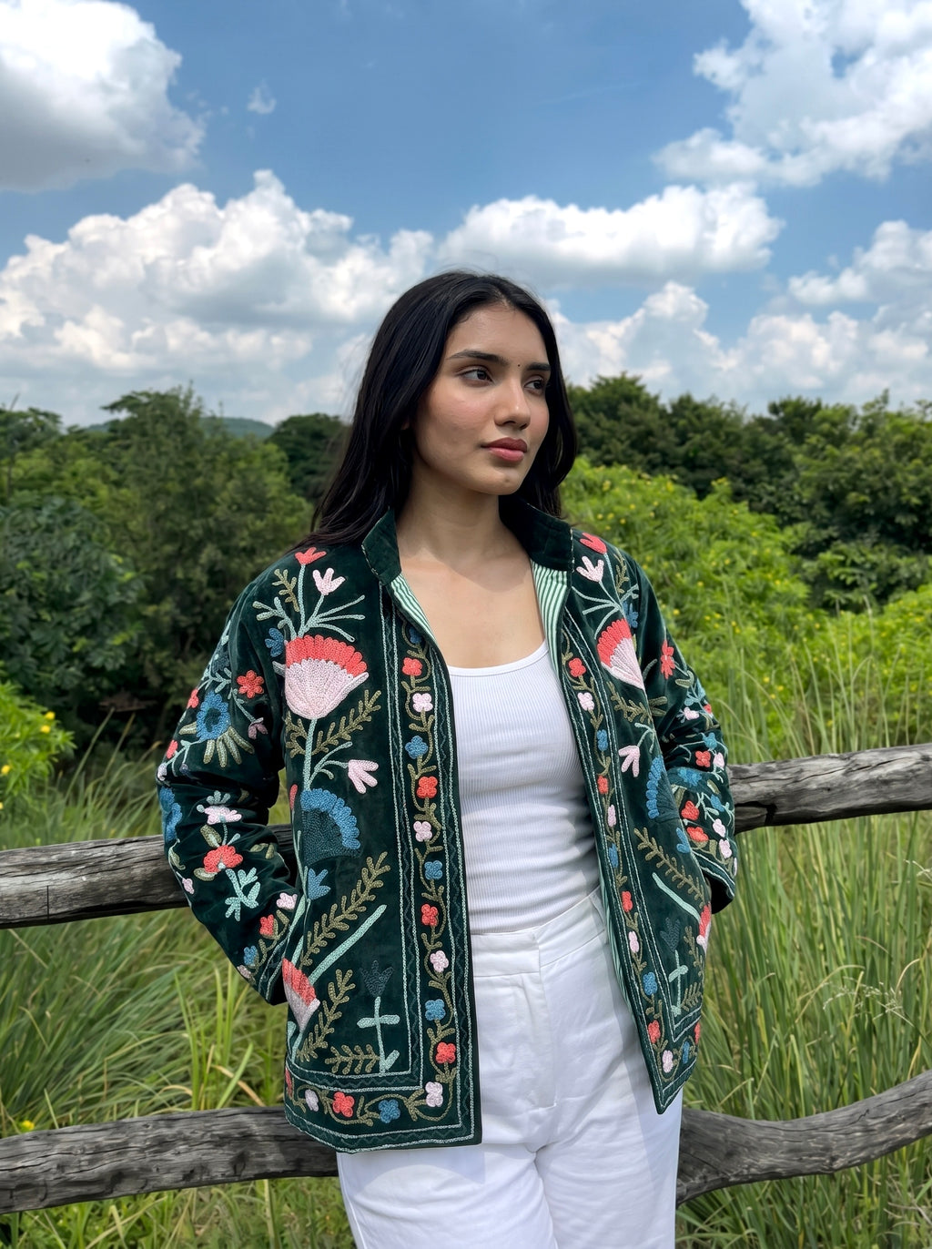 Dark Green Botanical Embroidered Velvet Jacket