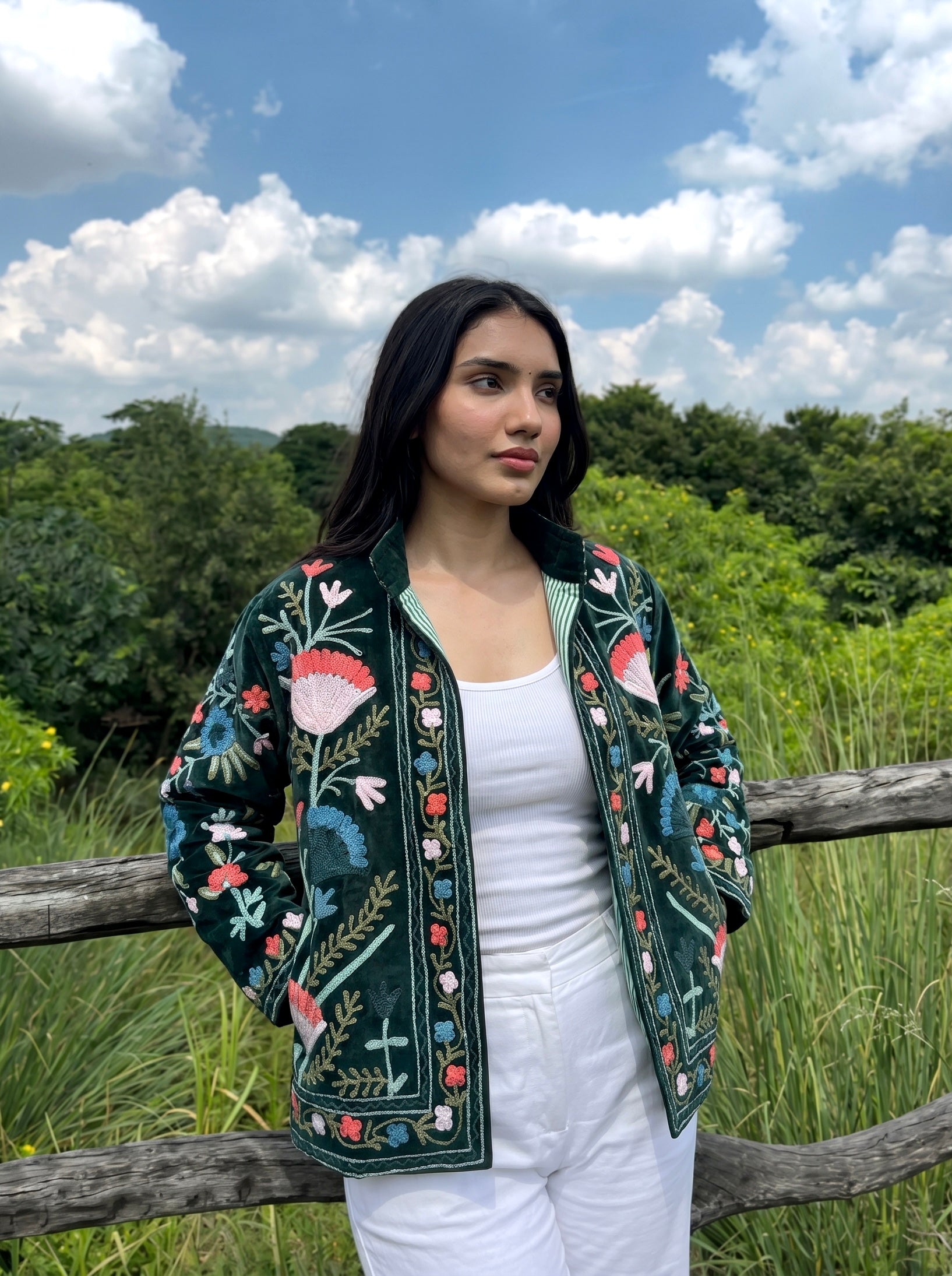 Dark Green Botanical Embroidered Velvet Jacket