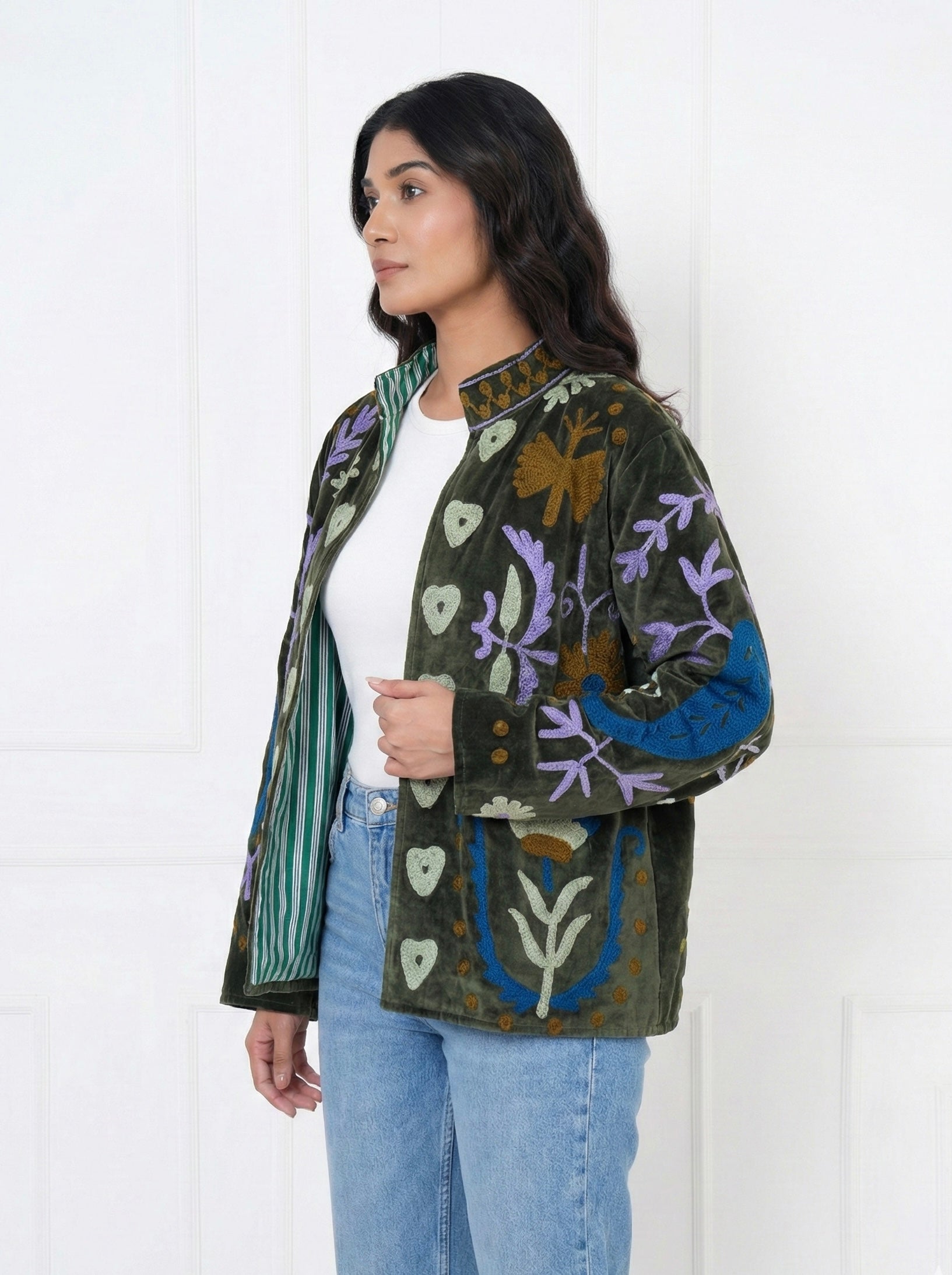 Olive Green Multicolor Embroidered Velvet Jacket