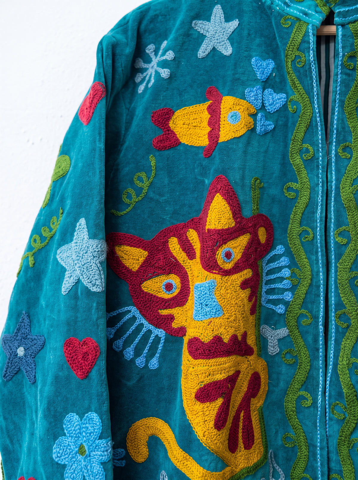 Teal Meow Embroidered Velvet Suzani Jacket