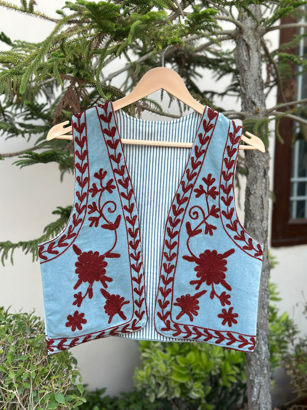 Sky Blue Ruby Floral Velvet Vest
