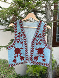 Sky Blue Ruby Floral Velvet Vest