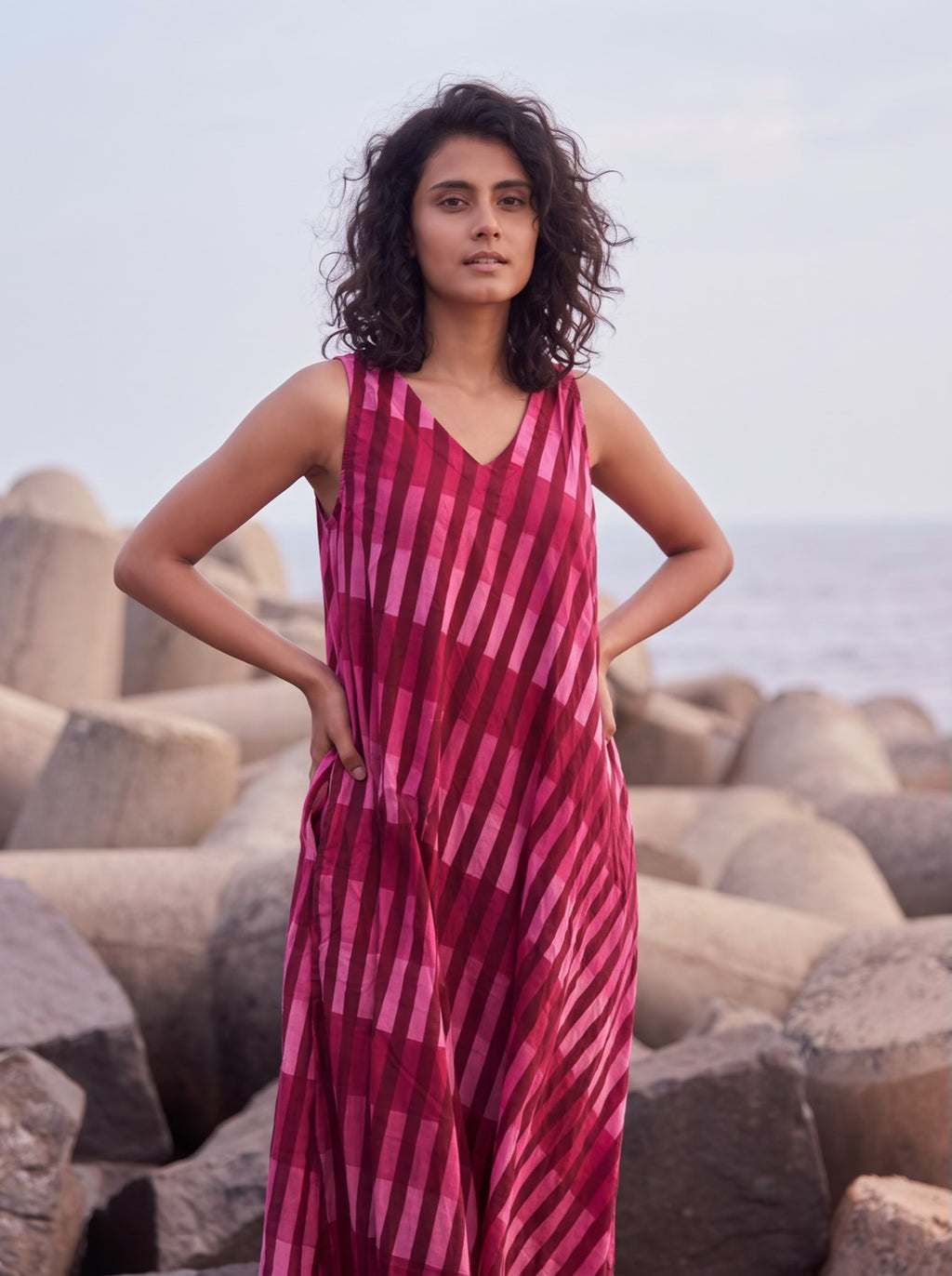 Berry Stripe Flare Midi Dress