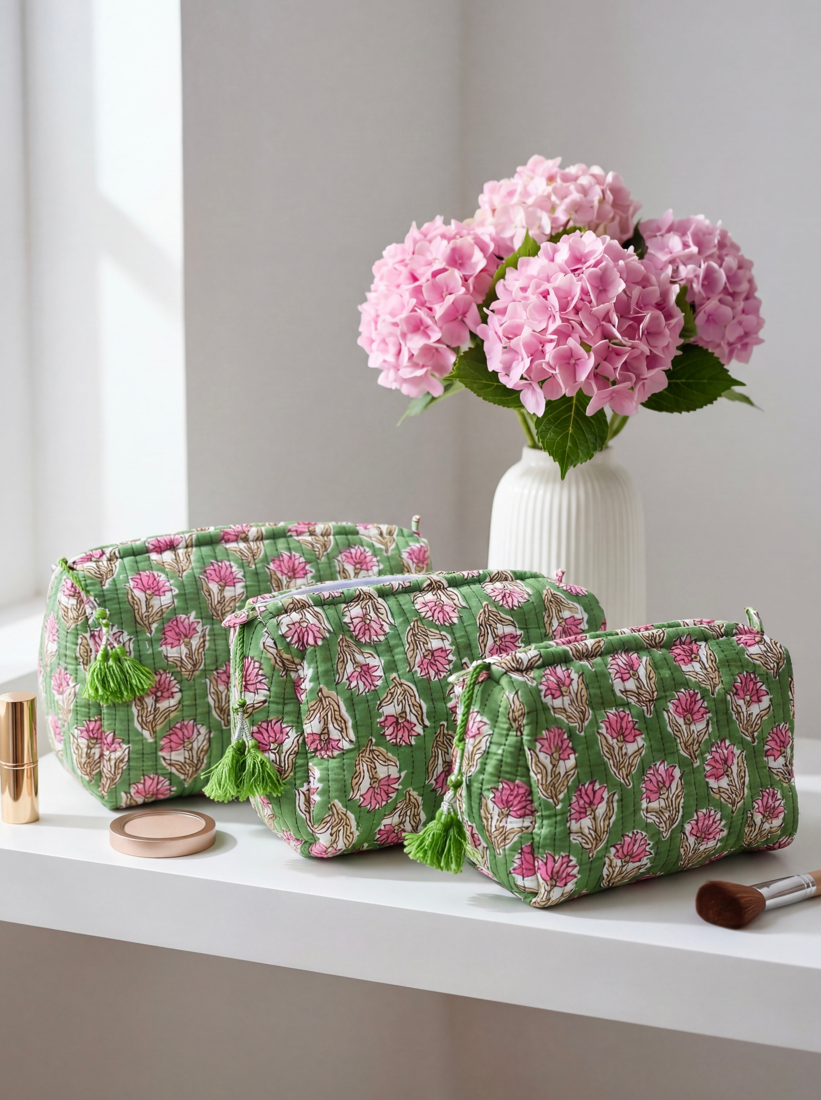 Sage Blossom Quilted Pouch Set (Set of 3)