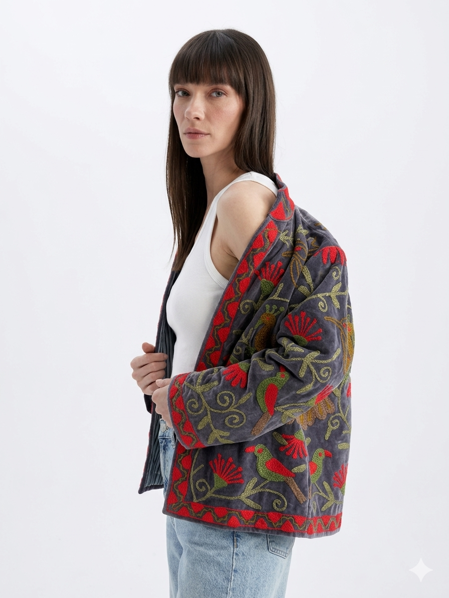 Grey Floral Bird Embroidered Jacket