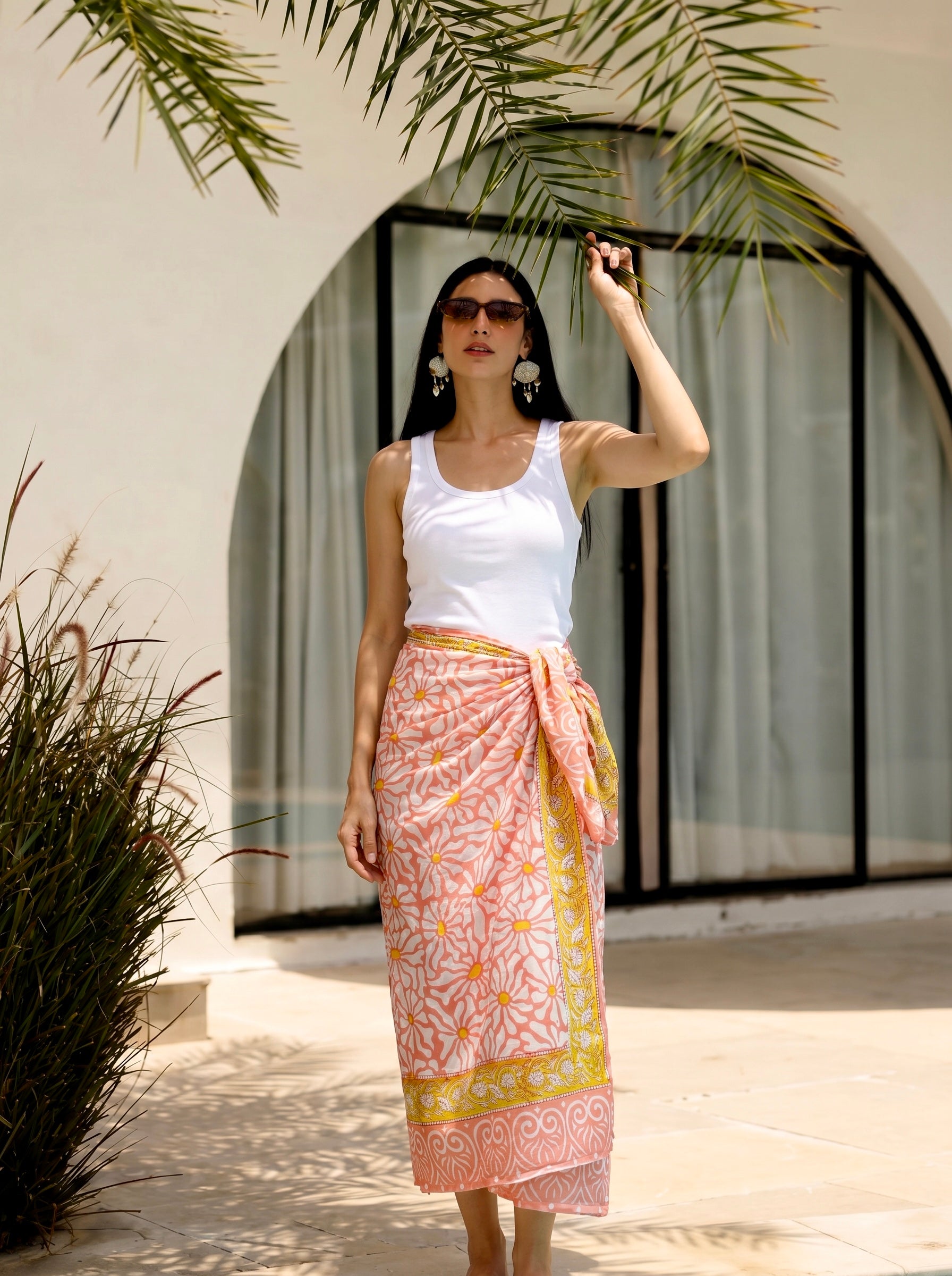 Peach Daisy Print Cotton Sarong