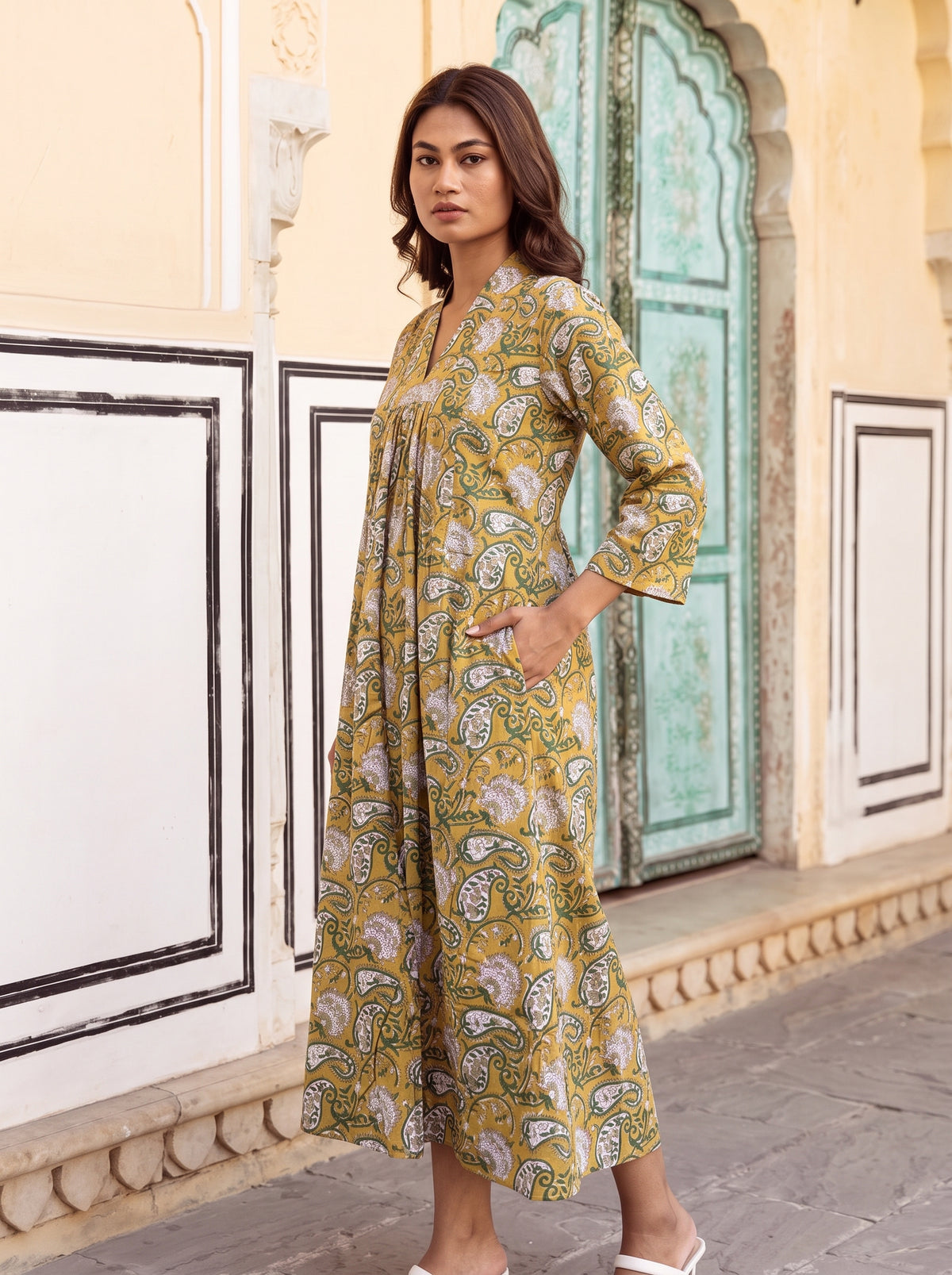 Mustard Paisley Flare Midi Dress