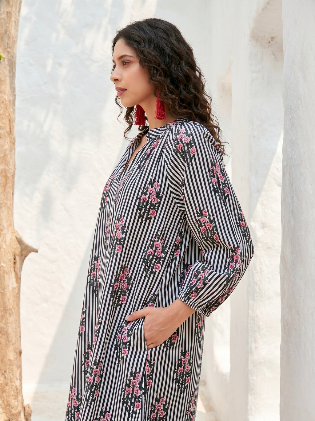 Midnight Blossom Stripe Cotton Dress