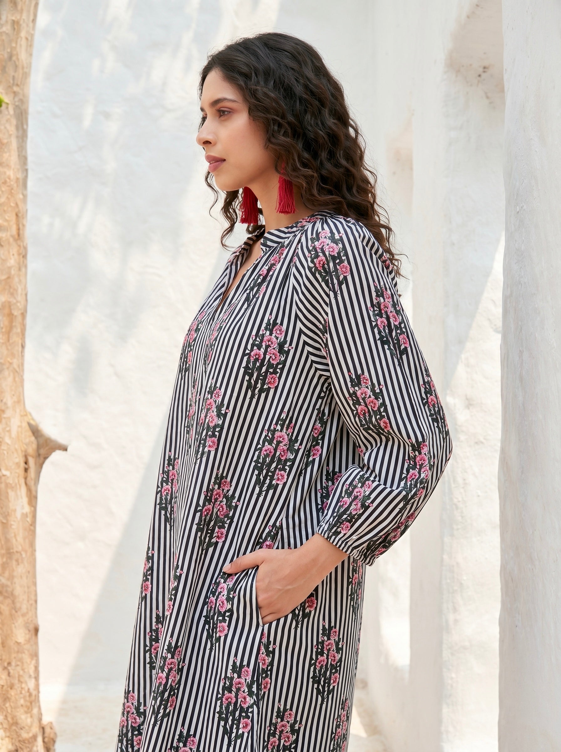 Midnight Blossom Stripe Cotton Dress