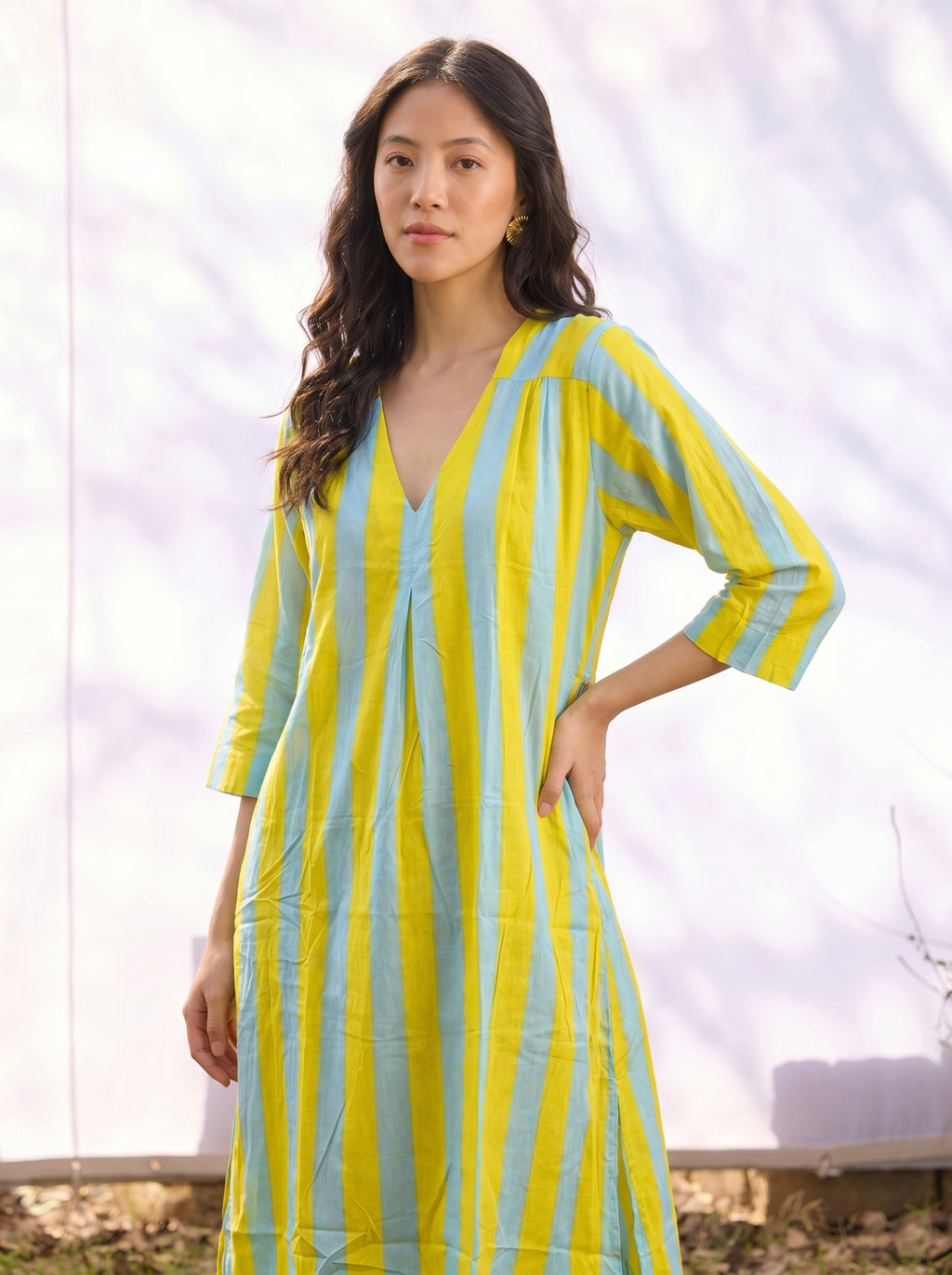 Yellow & Sky Blue Stripe Cotton Dress