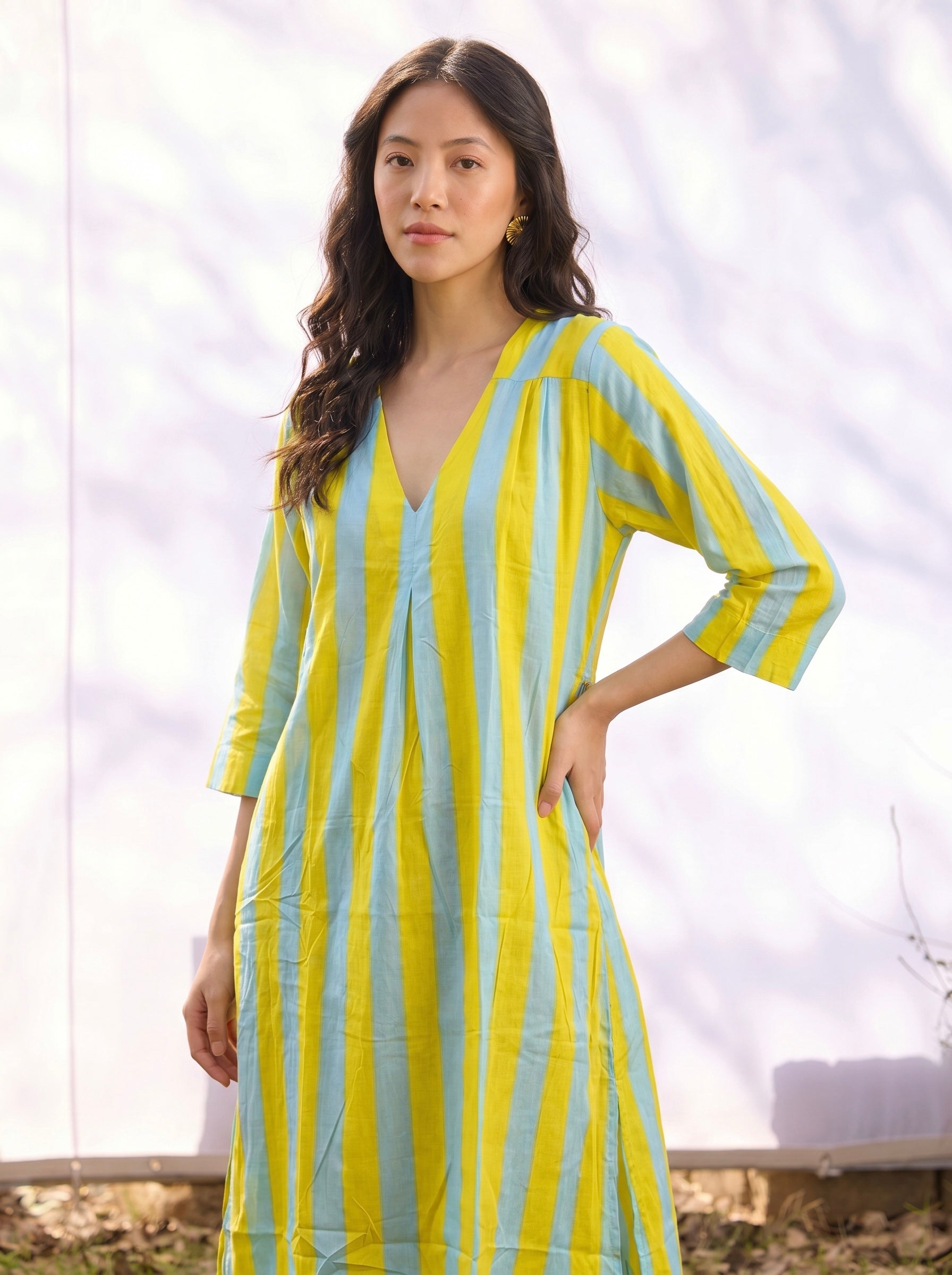 Yellow & Sky Blue Stripe Cotton Dress