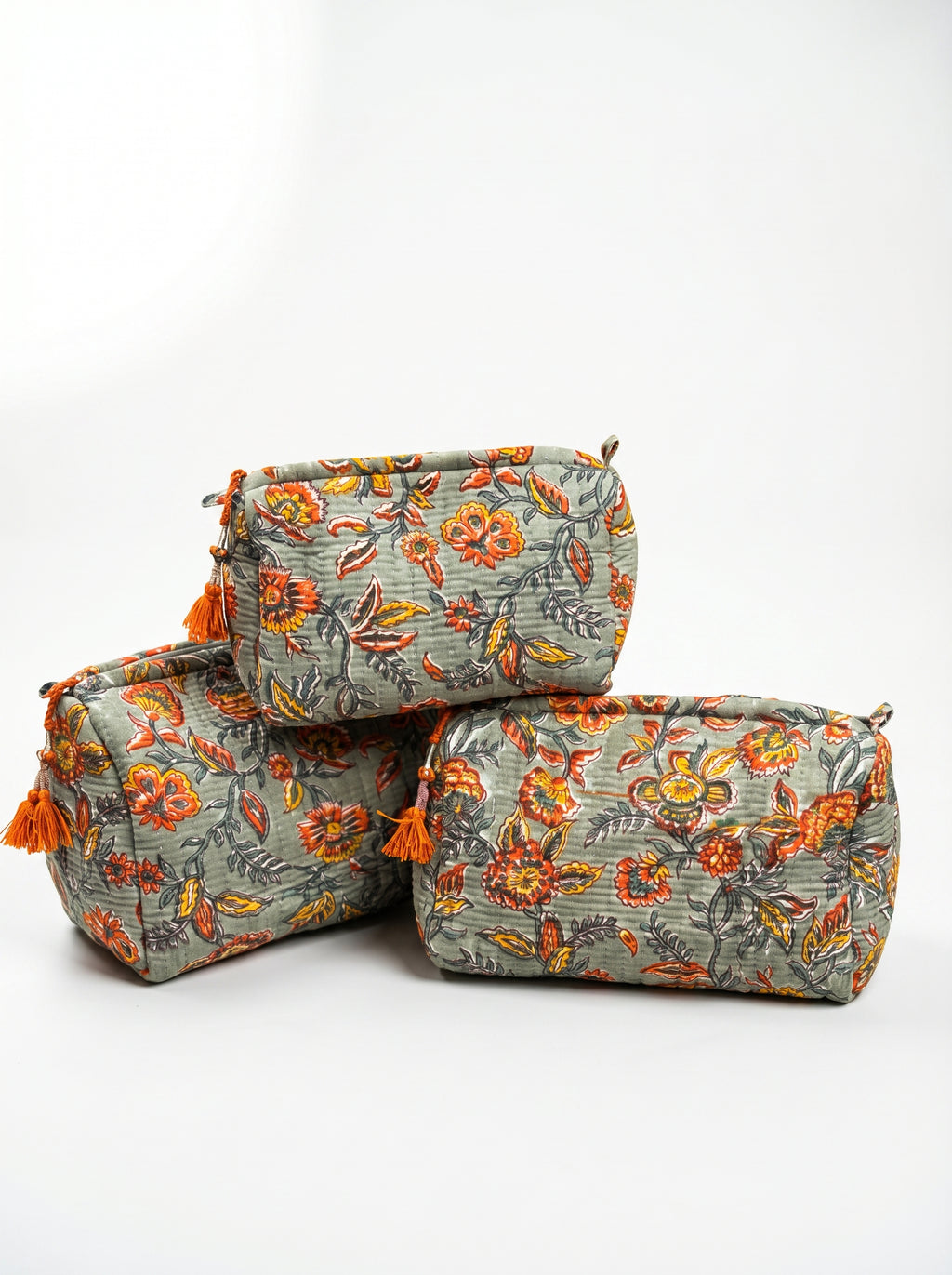 Earthy Olive Floral Quilted Pouch Set (Set of 3)
