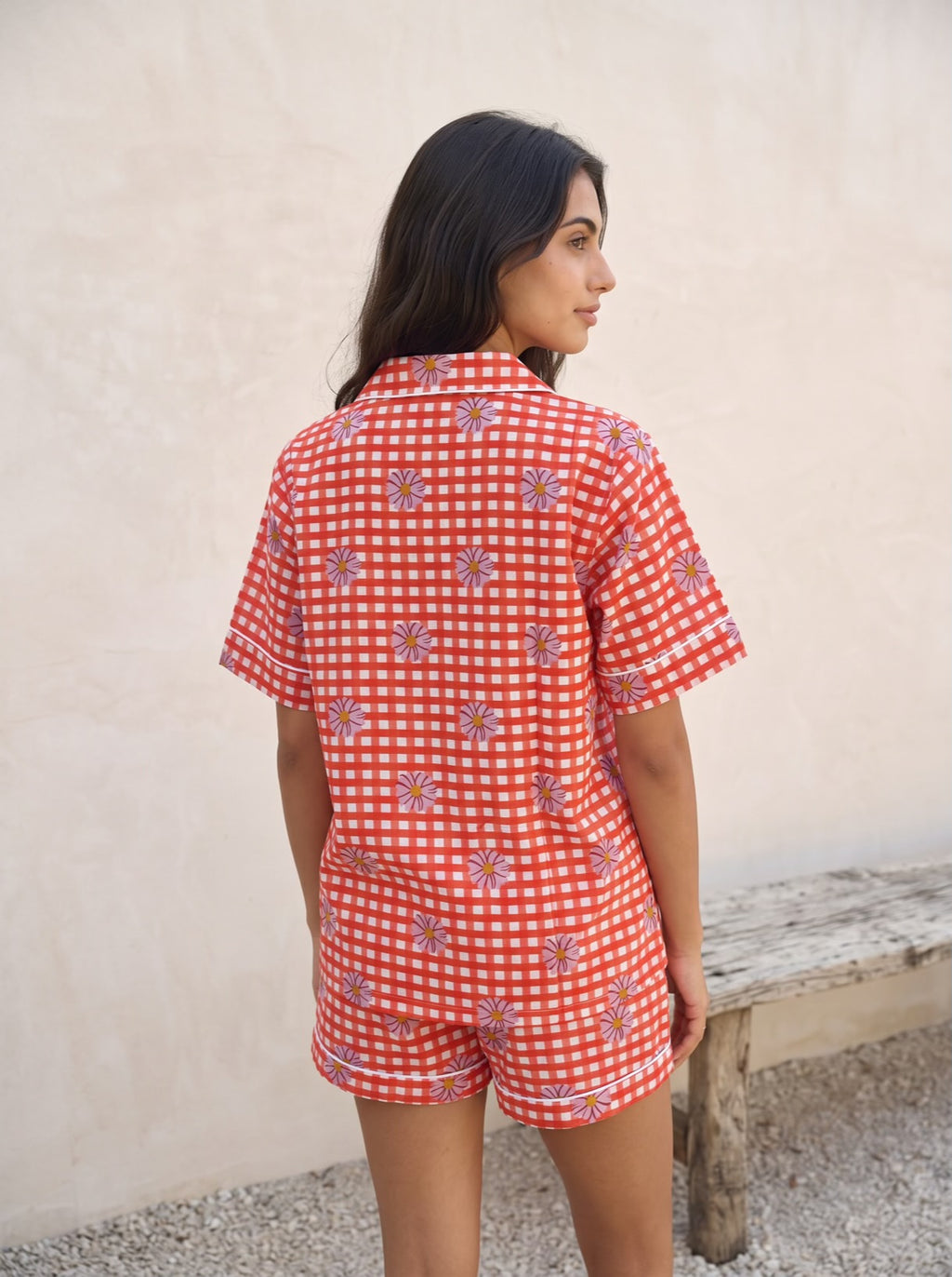 Coral Gingham Daisy Pajama Set