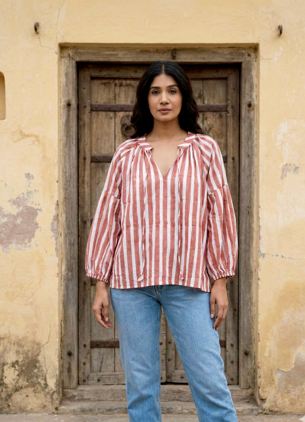 Rust Pink Striped Cotton V-Neck Top with Balloon Sleeves