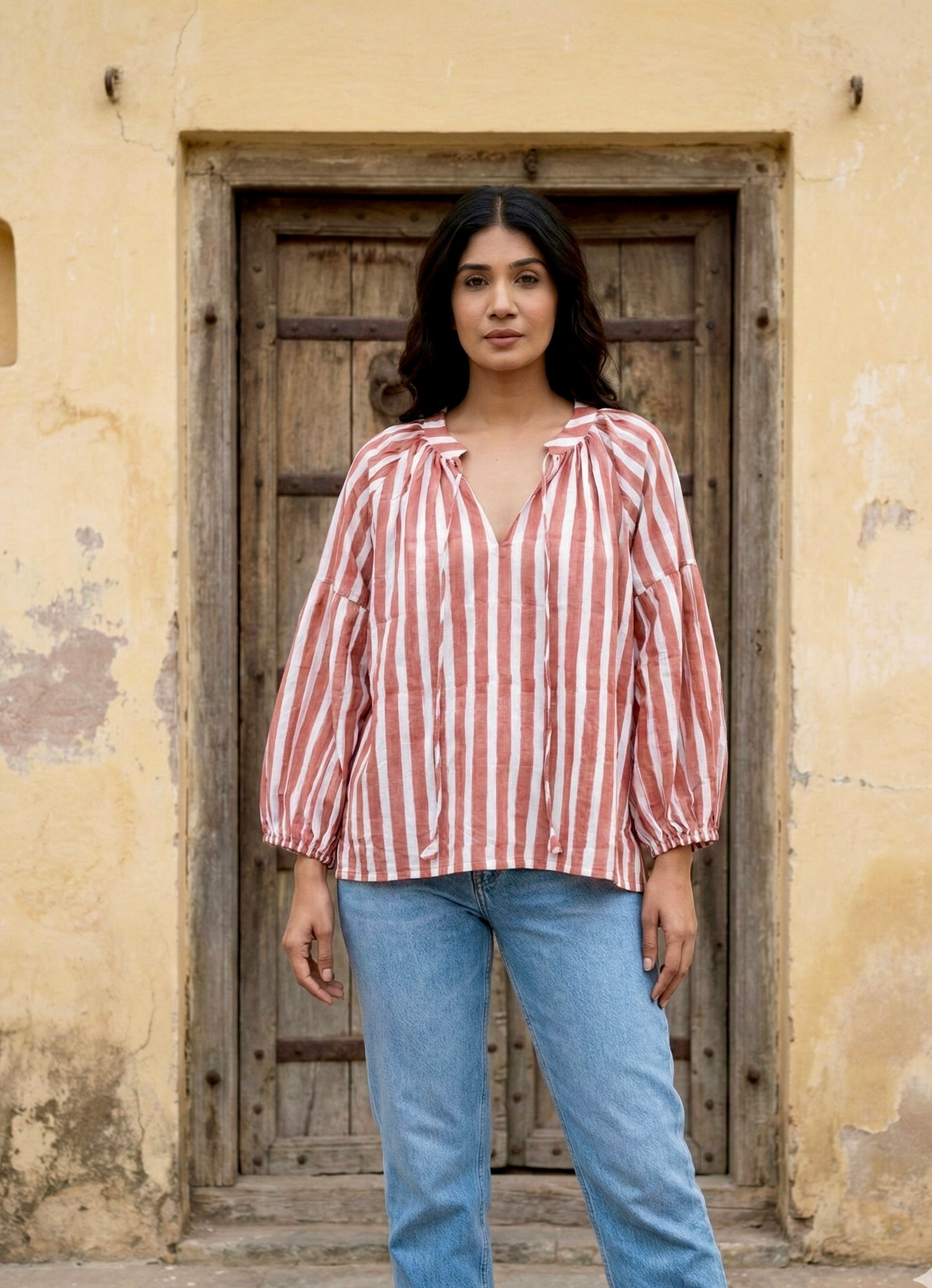 Rust Pink Striped Cotton V-Neck Top with Balloon Sleeves