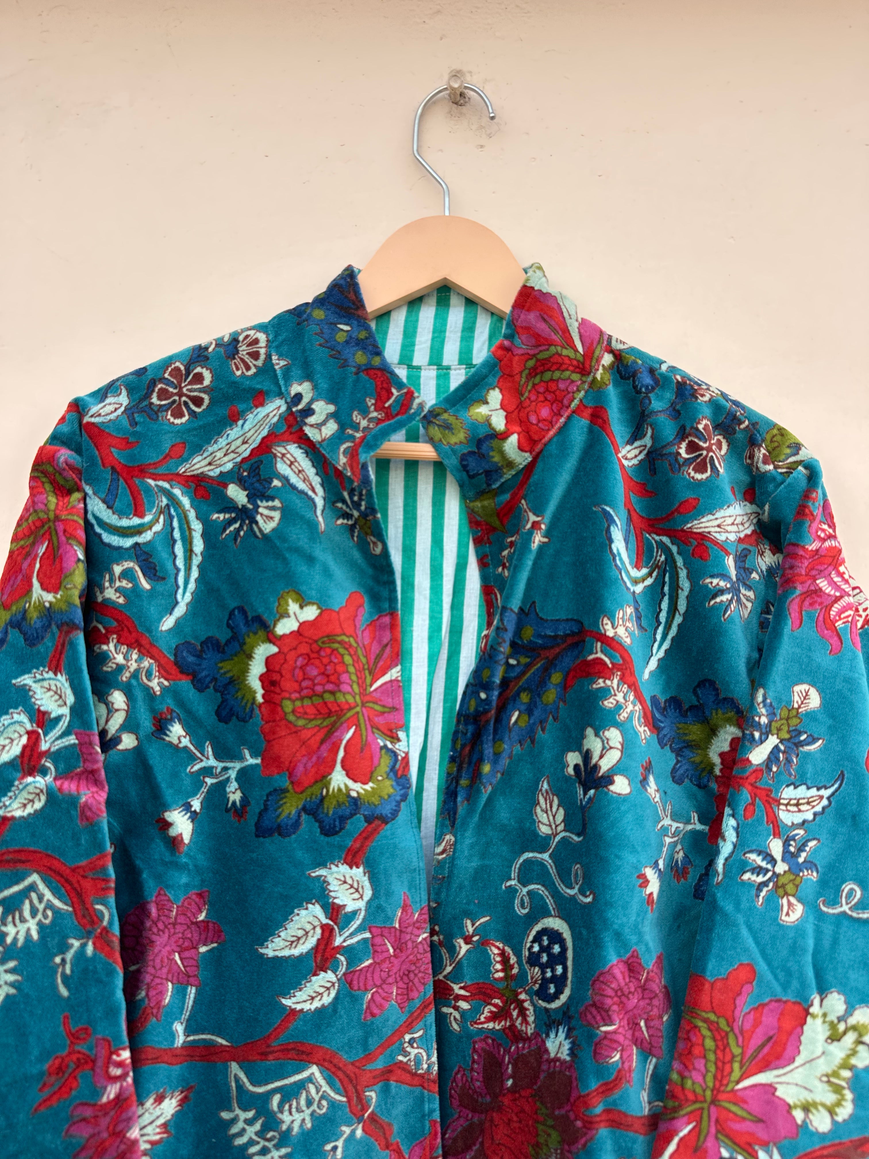 Teal Vibrant Floral Velvet Jacket