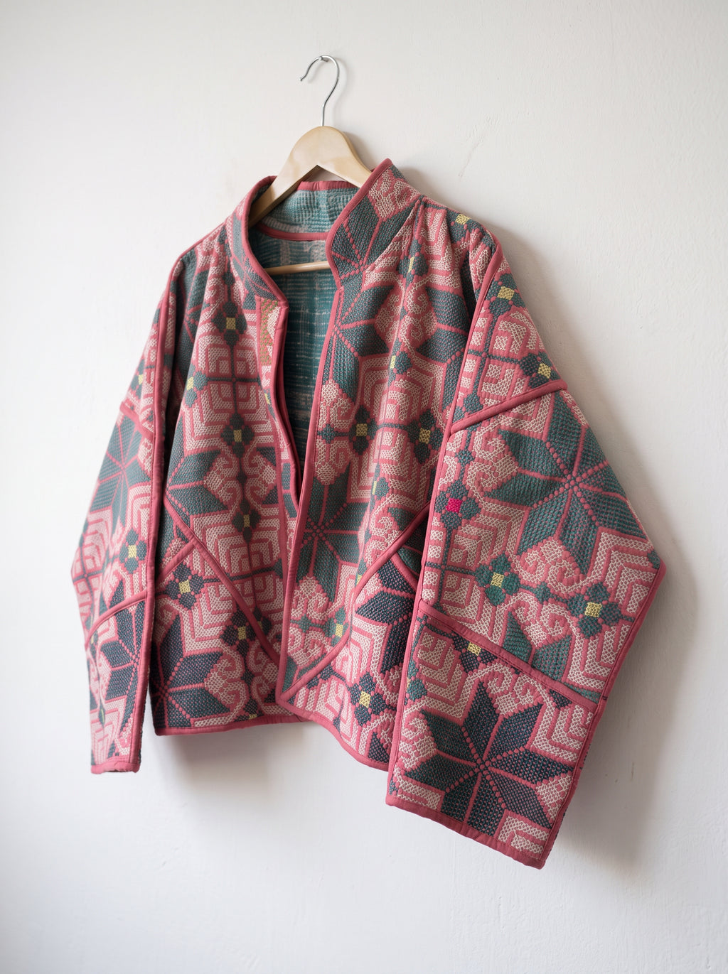 Rose& Teal Floral Kantha Bomber Jacket