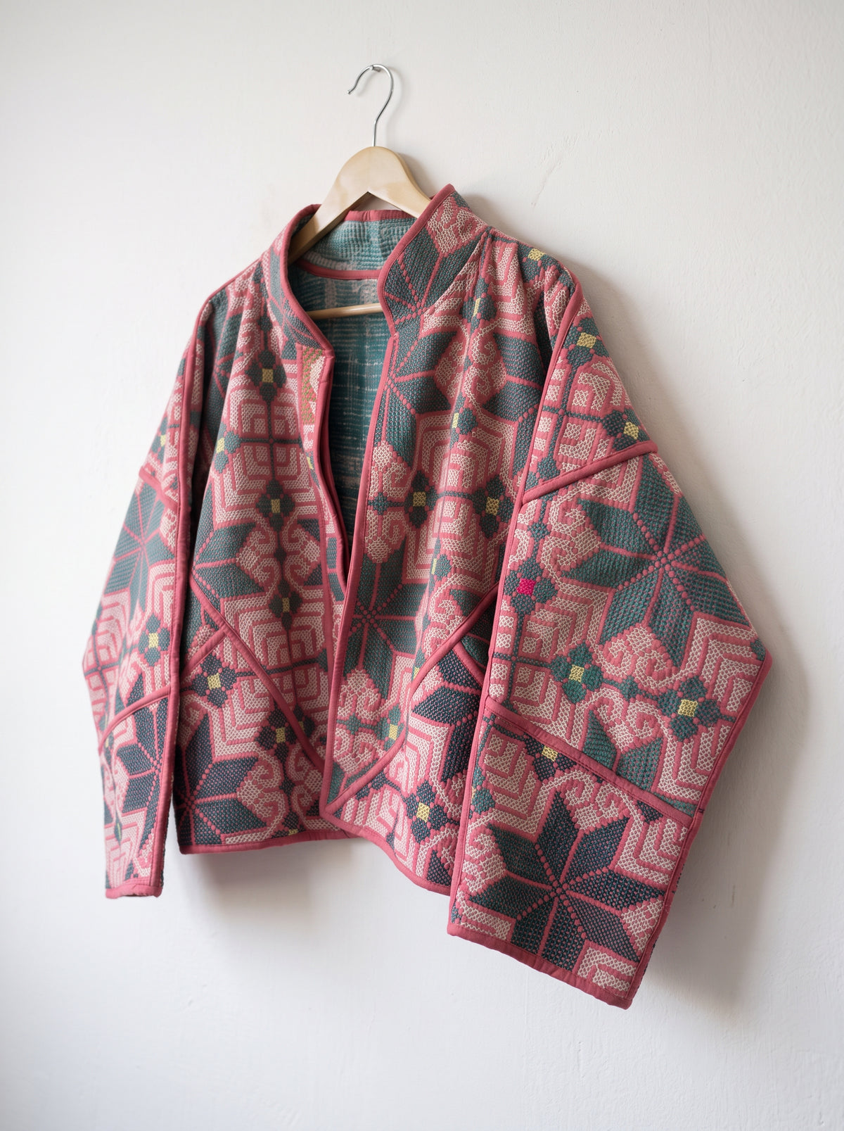 Rose& Teal Floral Kantha Bomber Jacket