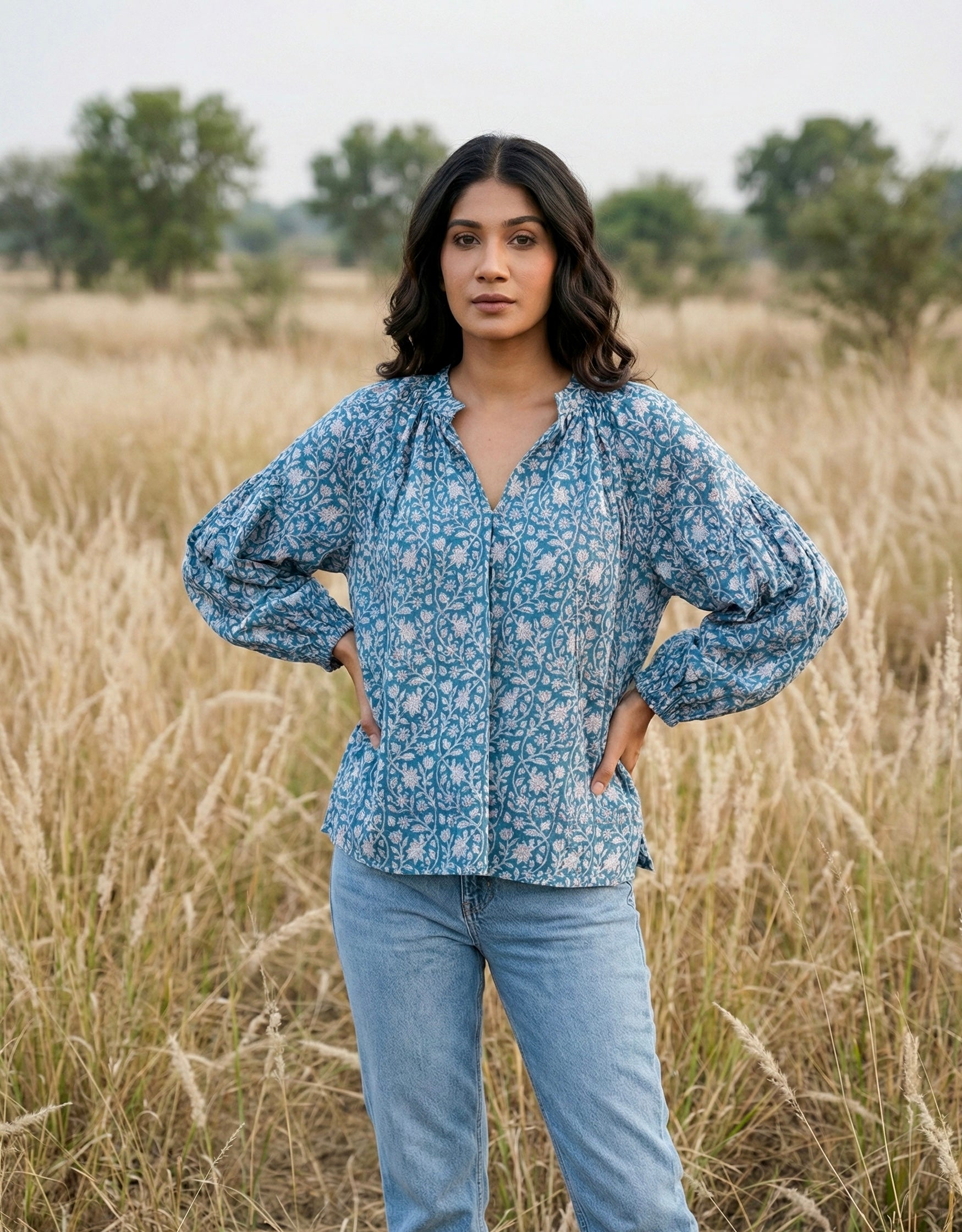 Indigo Breeze Floral Cotton Top