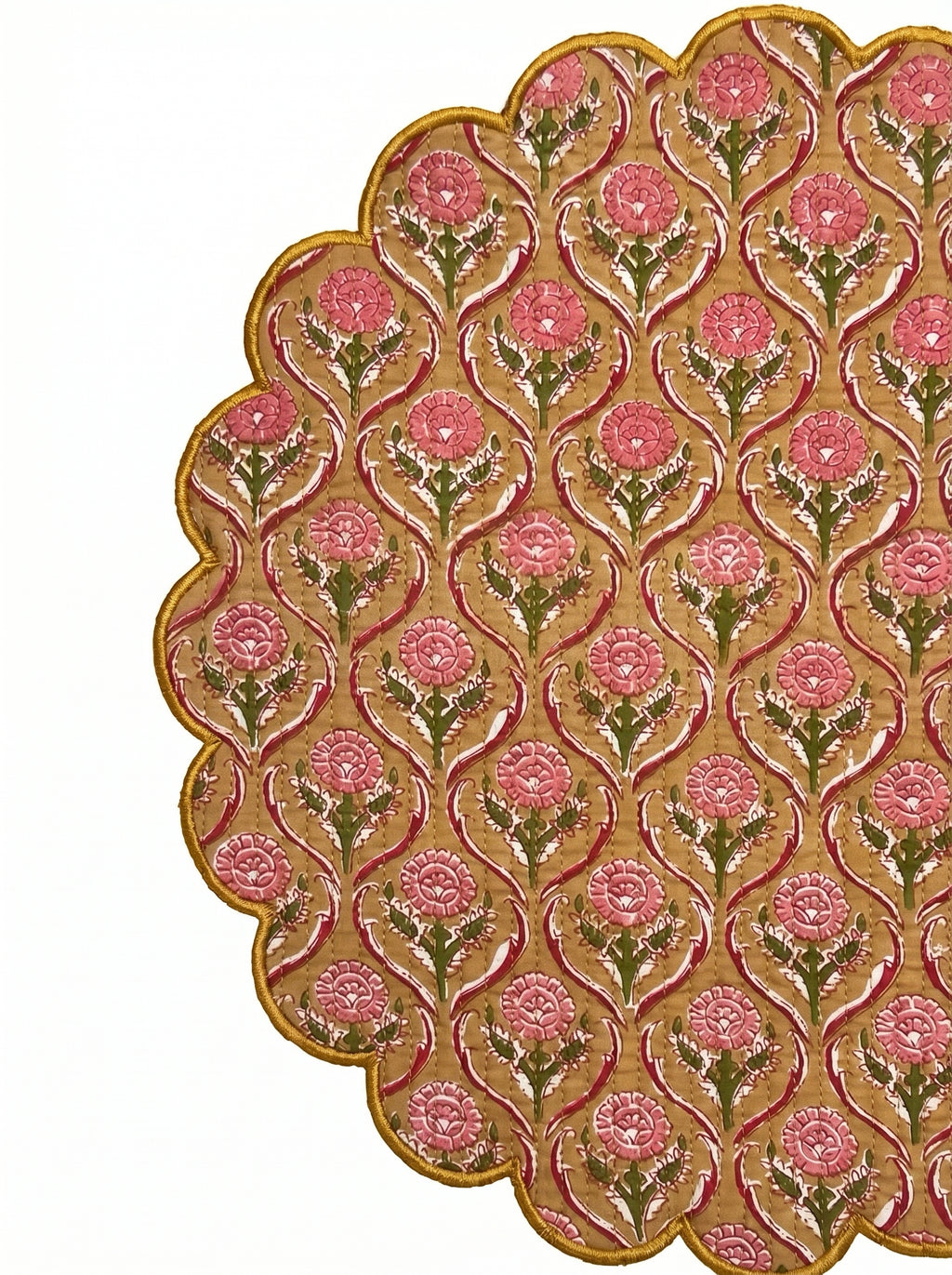 Mustard Buti Floral Round Scalloped Placemat Set of 6