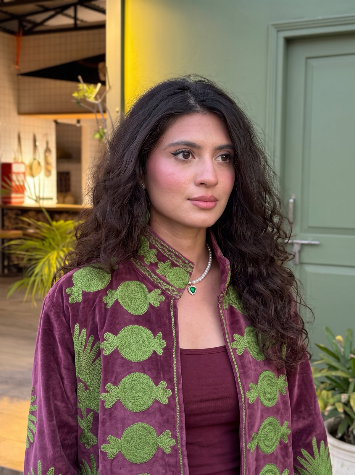 Burgundy Candy Embroidered Velvet Suzani Jacket
