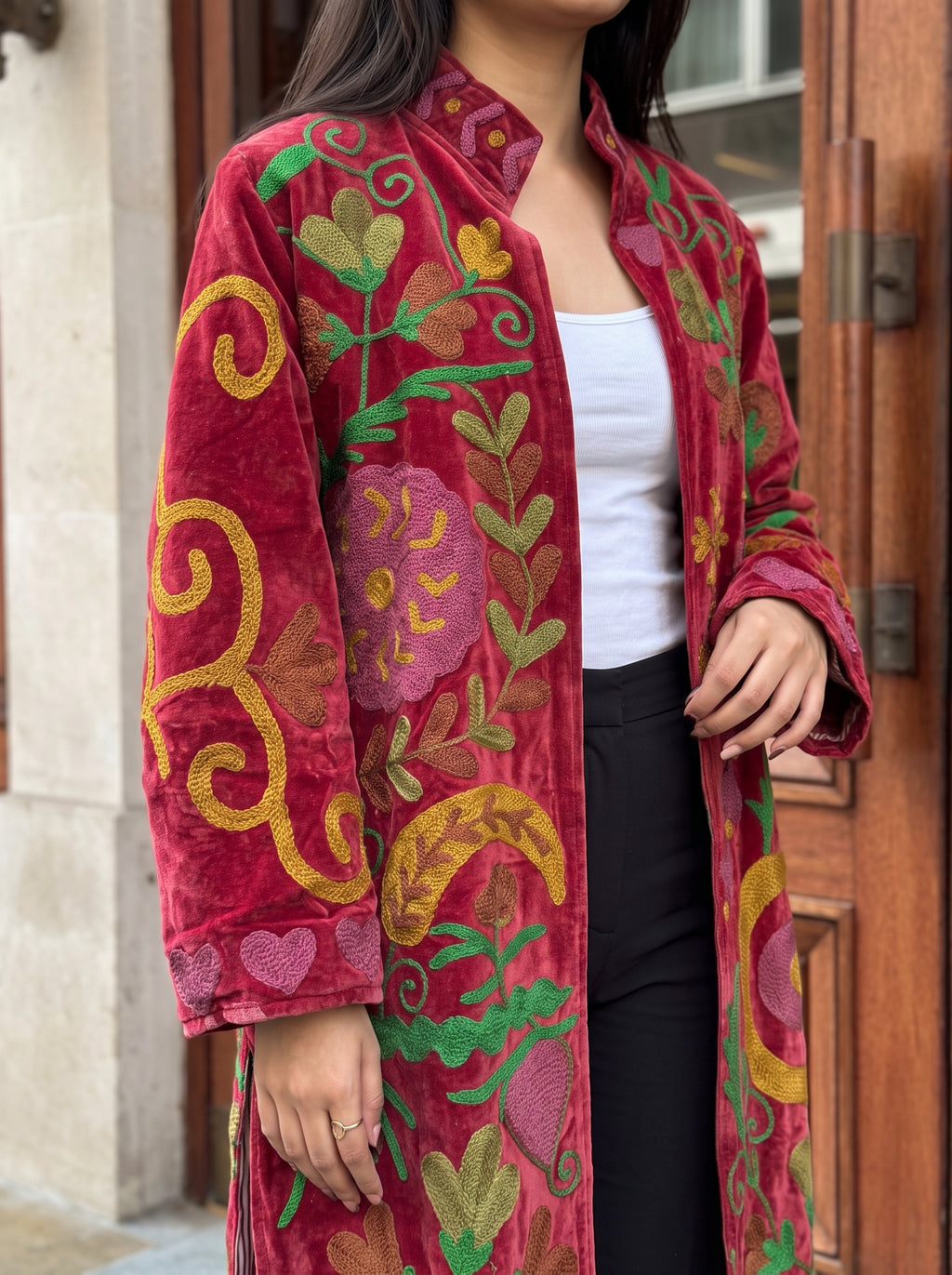 Burgundy Suzani Velvet Long Jacket